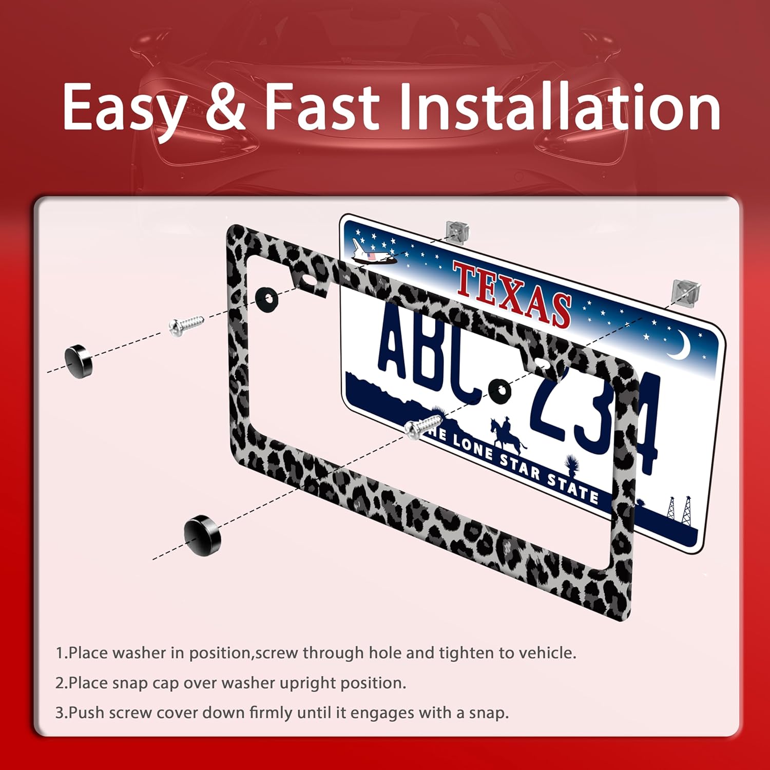 【2pcs】 Black Gray Leopard Print License Plate Frame Beautiful Cheetah Print License Plate Holder Funny Stainless Steel Accessories Cars Decor with 2 Holes Fits Standard Us Ca Vehicles 12.2 X 6 Inch