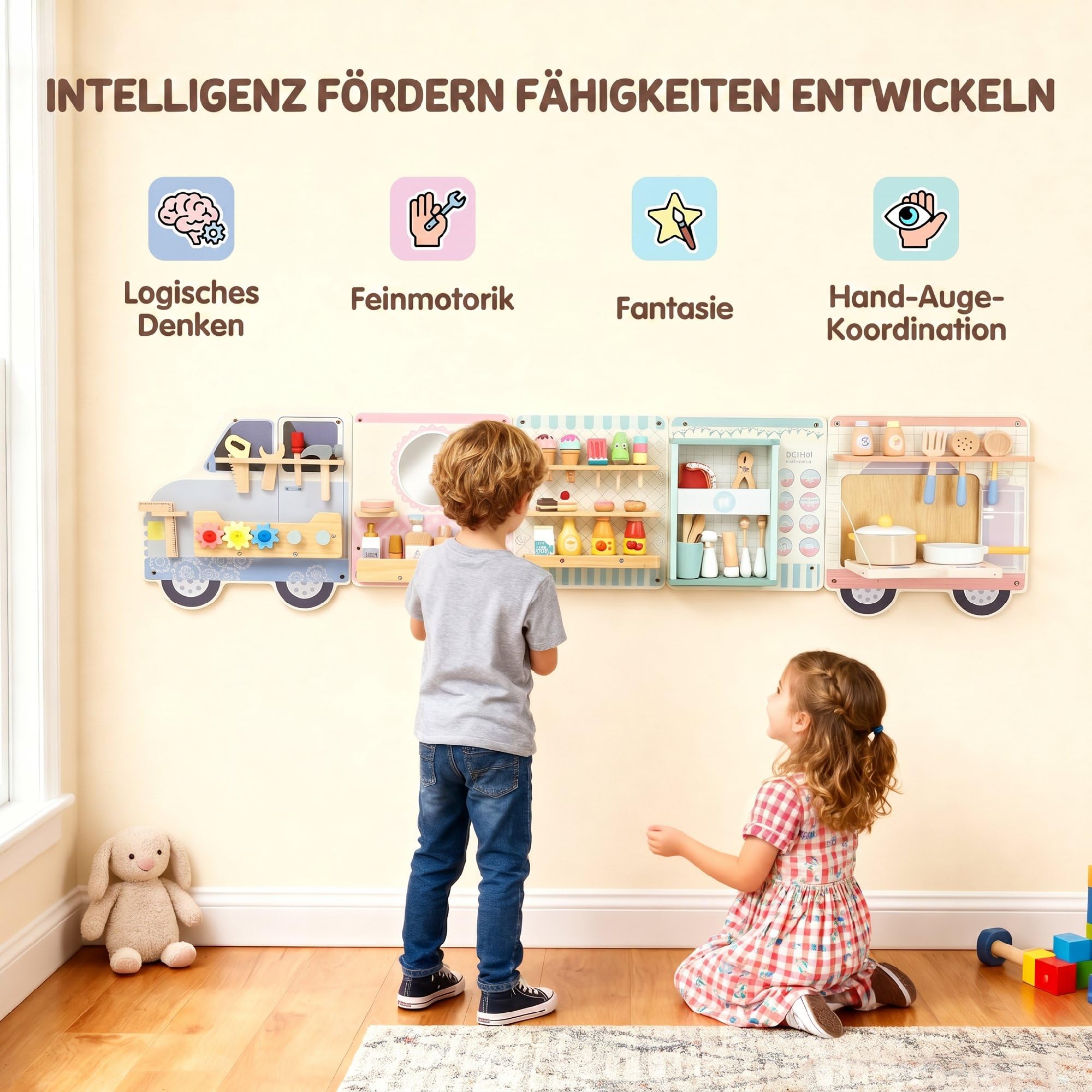 AIYAPLAY Montessori Aktivitätswand Busy Board im Truck-Design ab 3 Jahre | Sensorisches Spielzeug, Activity Board, Beschäftigungsbrett, Lernaktivitätszentrum, Wandspielzeug, Geschenk für Jungen