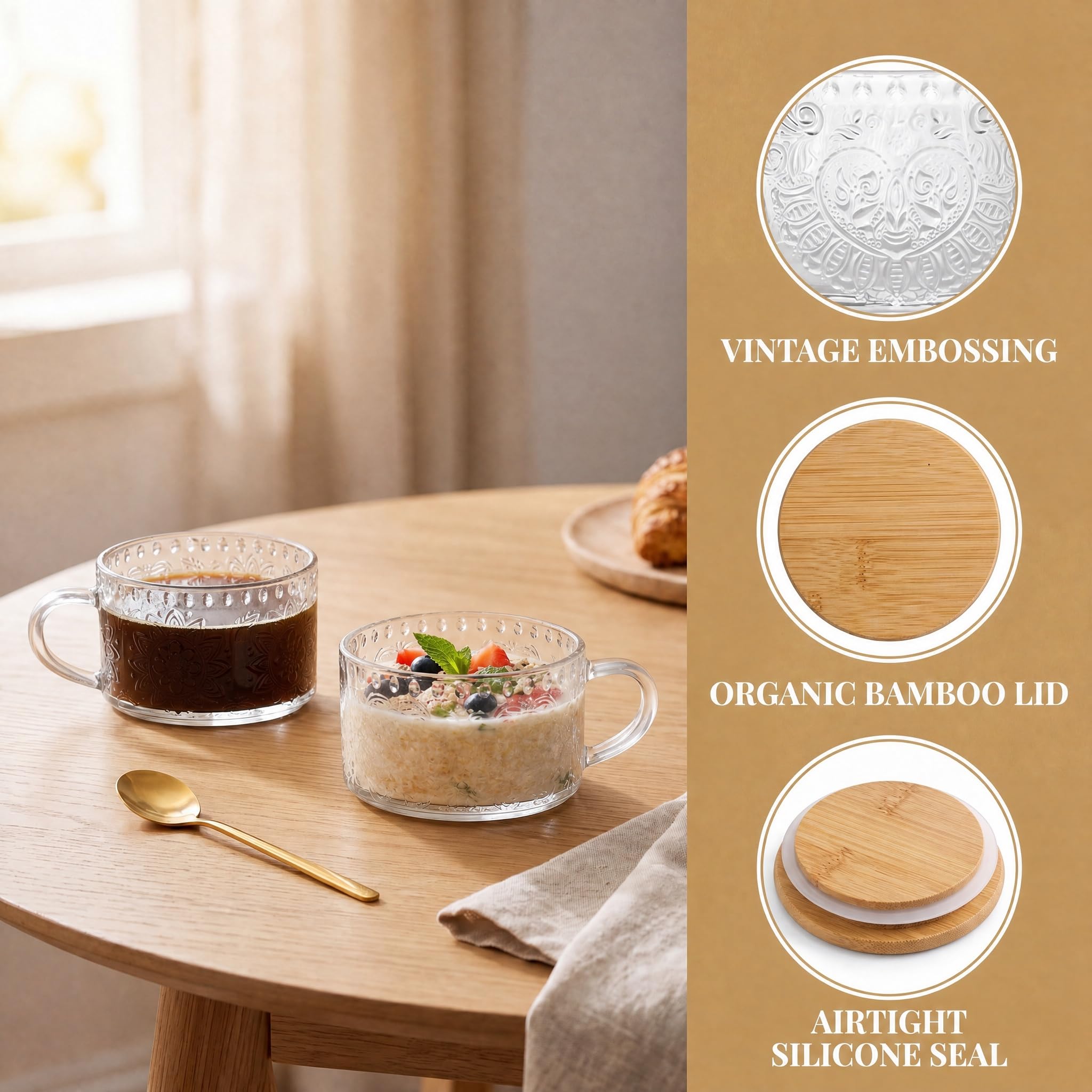 YORY Overnight Oats - Recipientes de avena con tapas de bambú y cuchara, tazas de café y té, tazas de vidrio de 14 onzas, regalos para el hogar, paquete de 4
