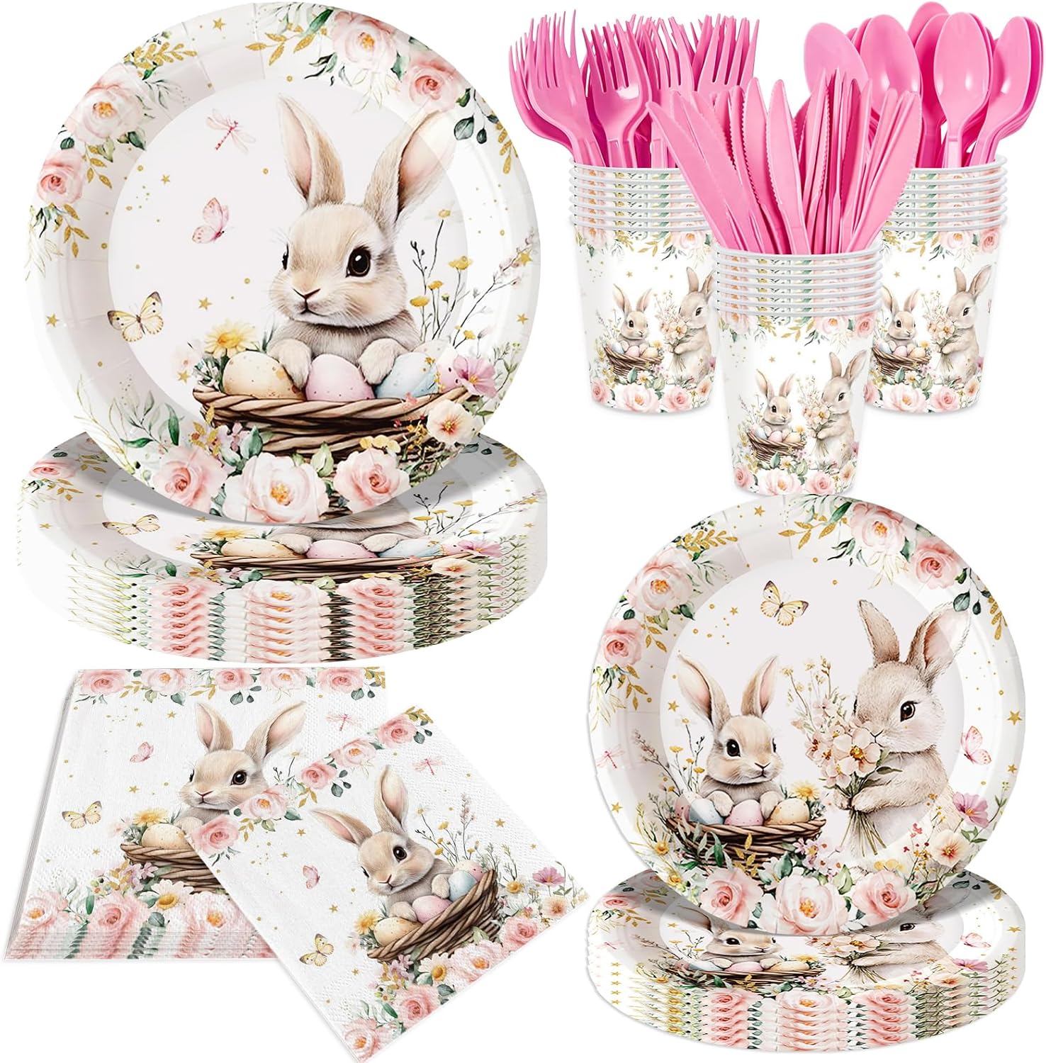 140Pcs Easter Rabbits Plates and Napkins Happy Easter Day Party Decorations Eggs Rabbits Paper Plates Birthday Party Supplies Cute Bunny Plates, Serve for 20 Guest