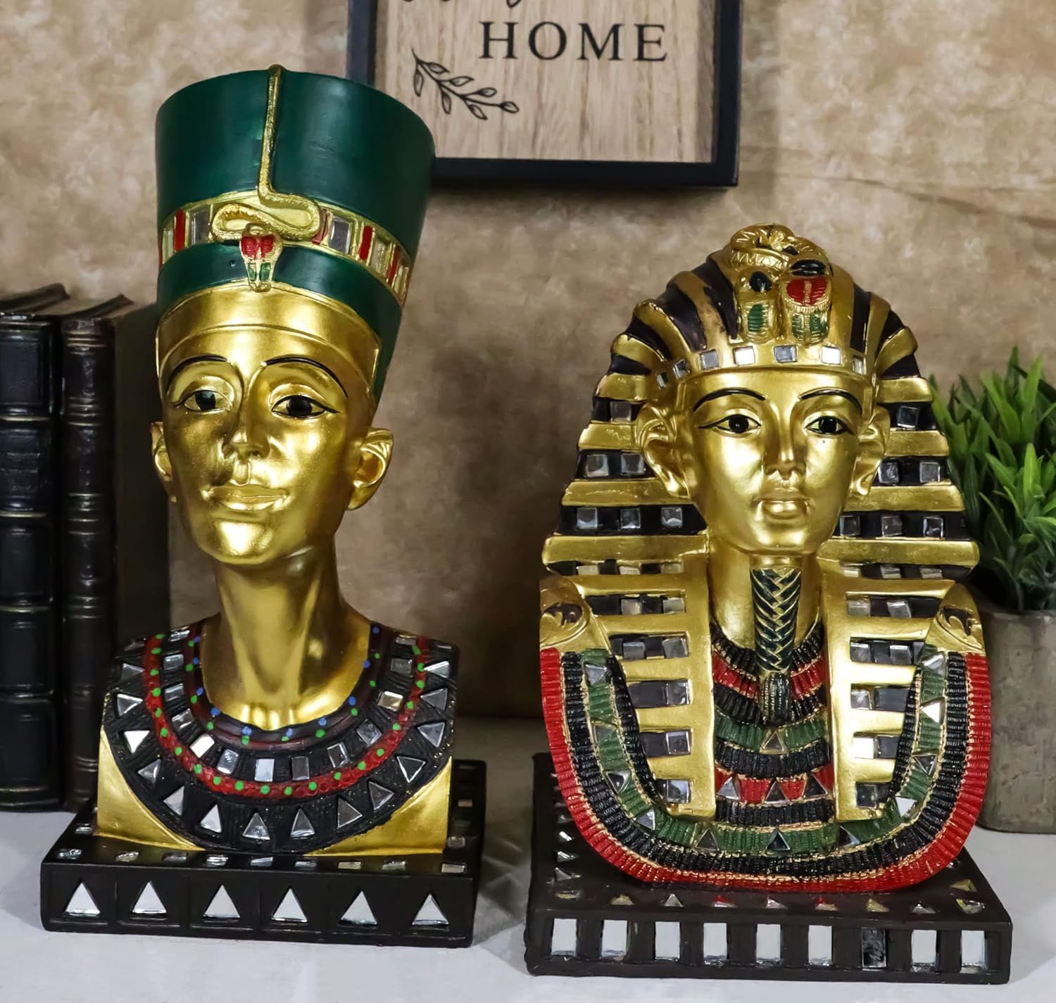 Ebros Gift Golden Ancient Egyptian Dynasty Kings and Queens Gods and Goddesses of Egypt Classical Sculpture with Artistic Mirror Fragments (Pharaoh King TUT and Queen Nefertiti Set of 2)