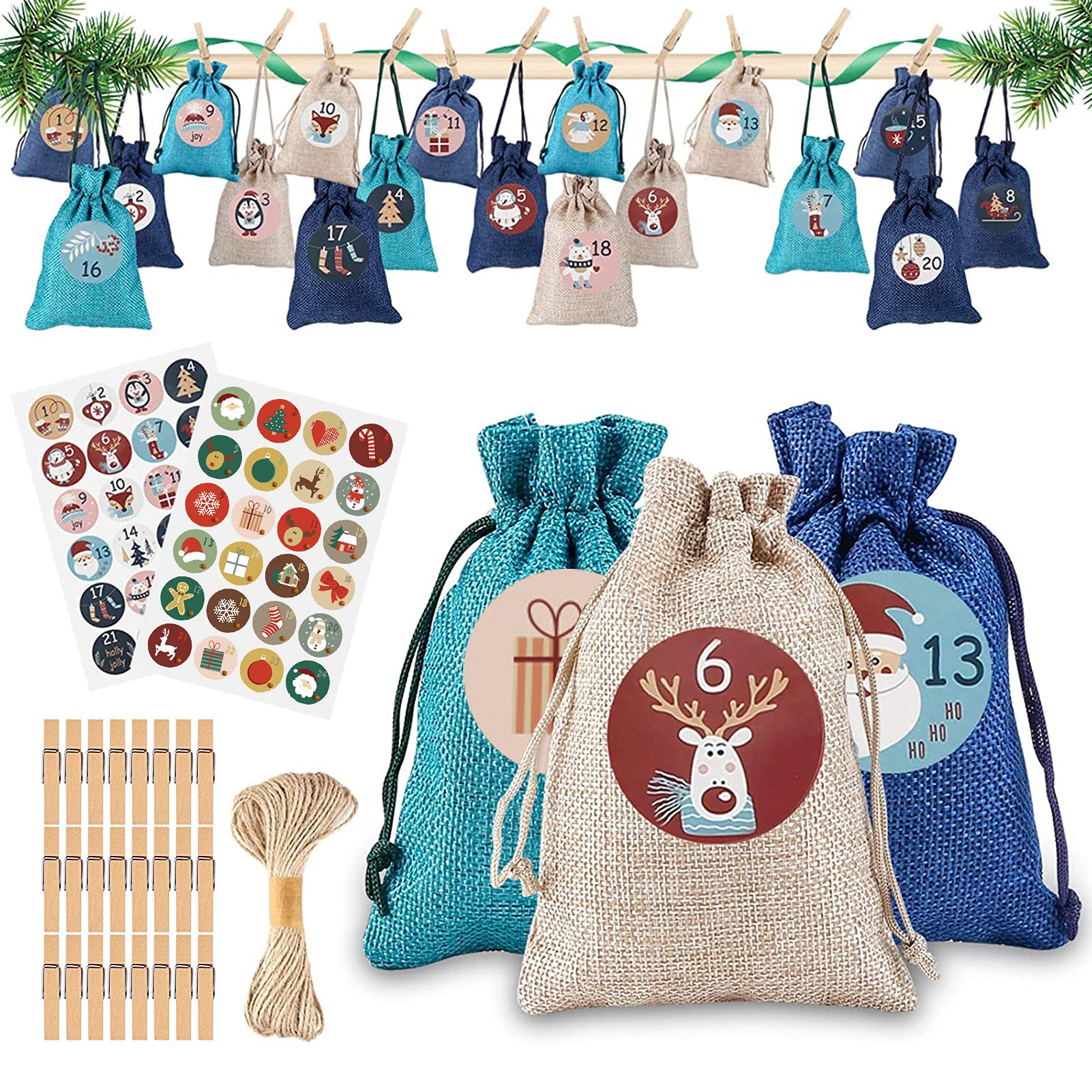 Carehabi - 24 calendriers de l'Avent à remplir, sacs en tissu, calendrier de Noël (24 sacs en tissu, 48 autocollants chiffres de l'Avent, 24 pinces en bois, 10 m de corde de chanvre) Lin/Vert/Bleu