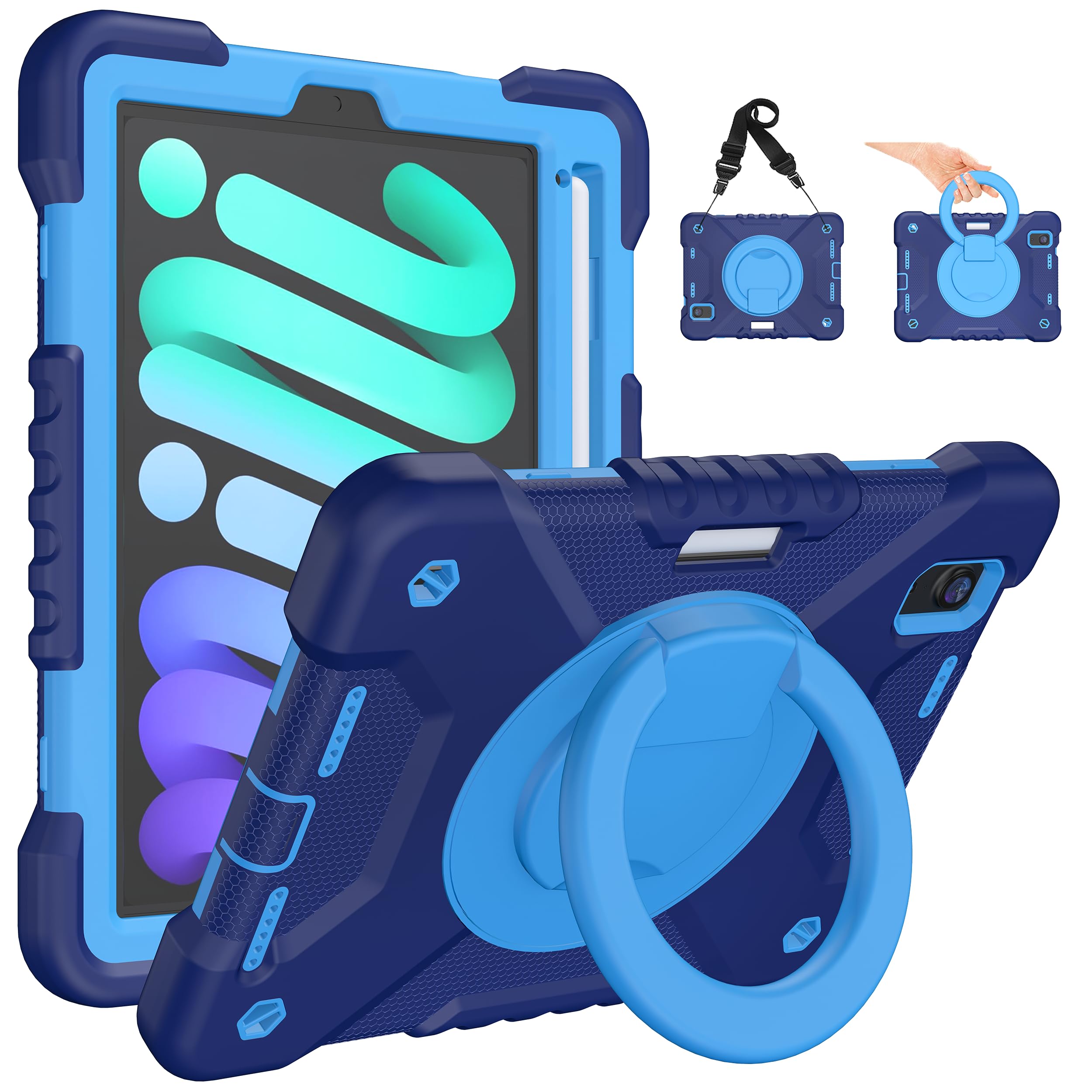 Case for 2024 iPad mini 7 A17 Pro/2021 Mini 6 8.3 Inch Case with Built-in Pencil Holder/360° Rotating Handle Stand, Drop-Proof Cover for iPad mini 7th/6th Generation 8.3", Navy+Blue