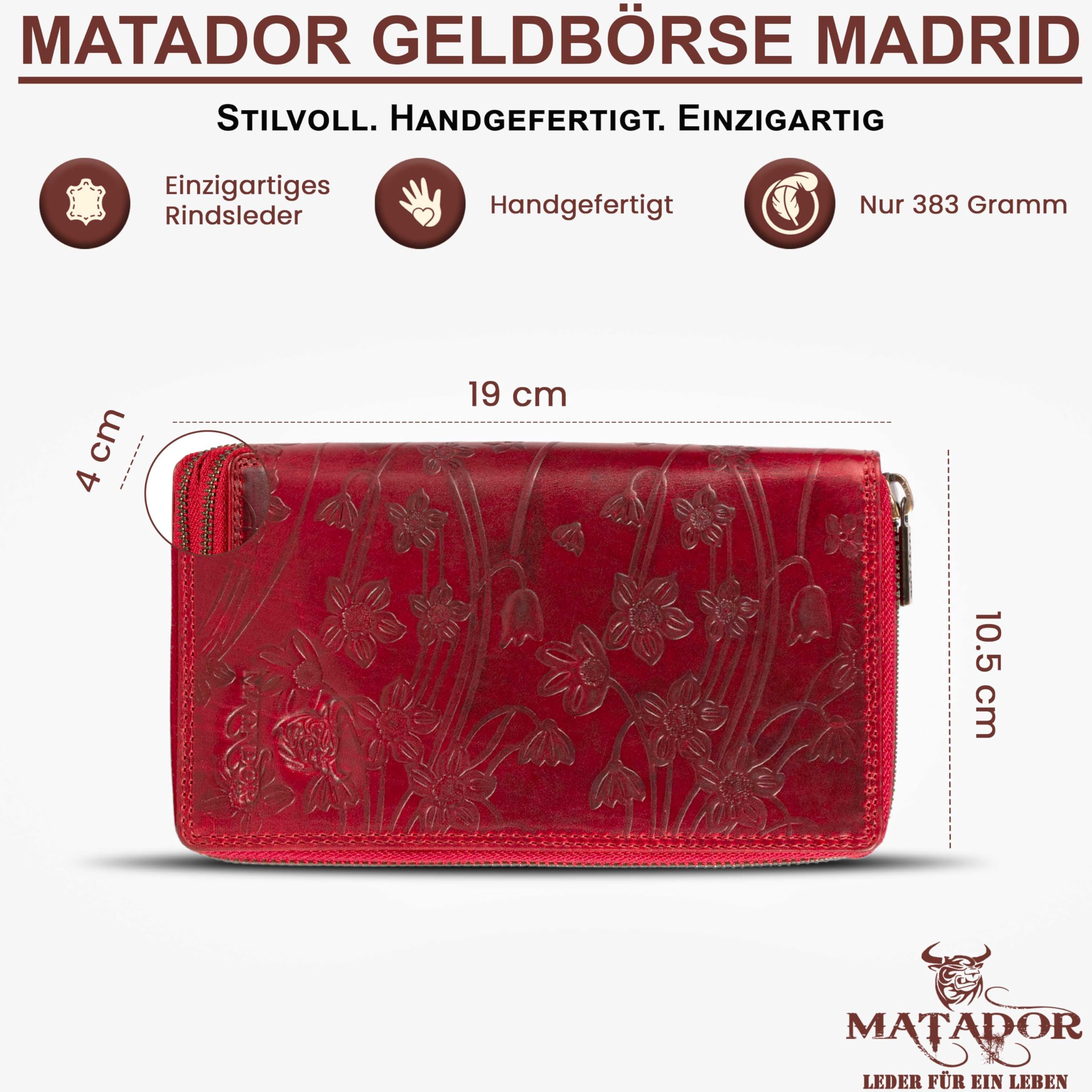 MATADOR Portfel Damski Skórzany MADRID z Eleganckim Pudełkiem Prezentowym, Luksusowy Czerwony Portfel Damski z Ochroną RFID, Duży Portfel Damski z Wieloma Przegródkami na Karty