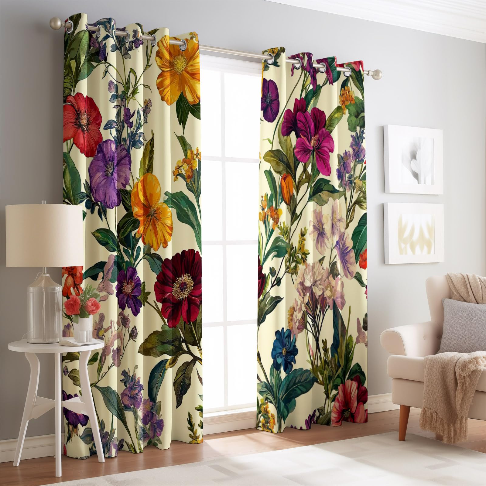 Blickdicht Vorhang mit Elegante Pflanzen Und Blumen Muster Vorhang mit Ösen Thermovorhang für Mädchenzimmer Wohnzimmer Schlafzimmer Fenstervorhänge Bunt für Zuhause H183 x B117 cm (2er Pack)