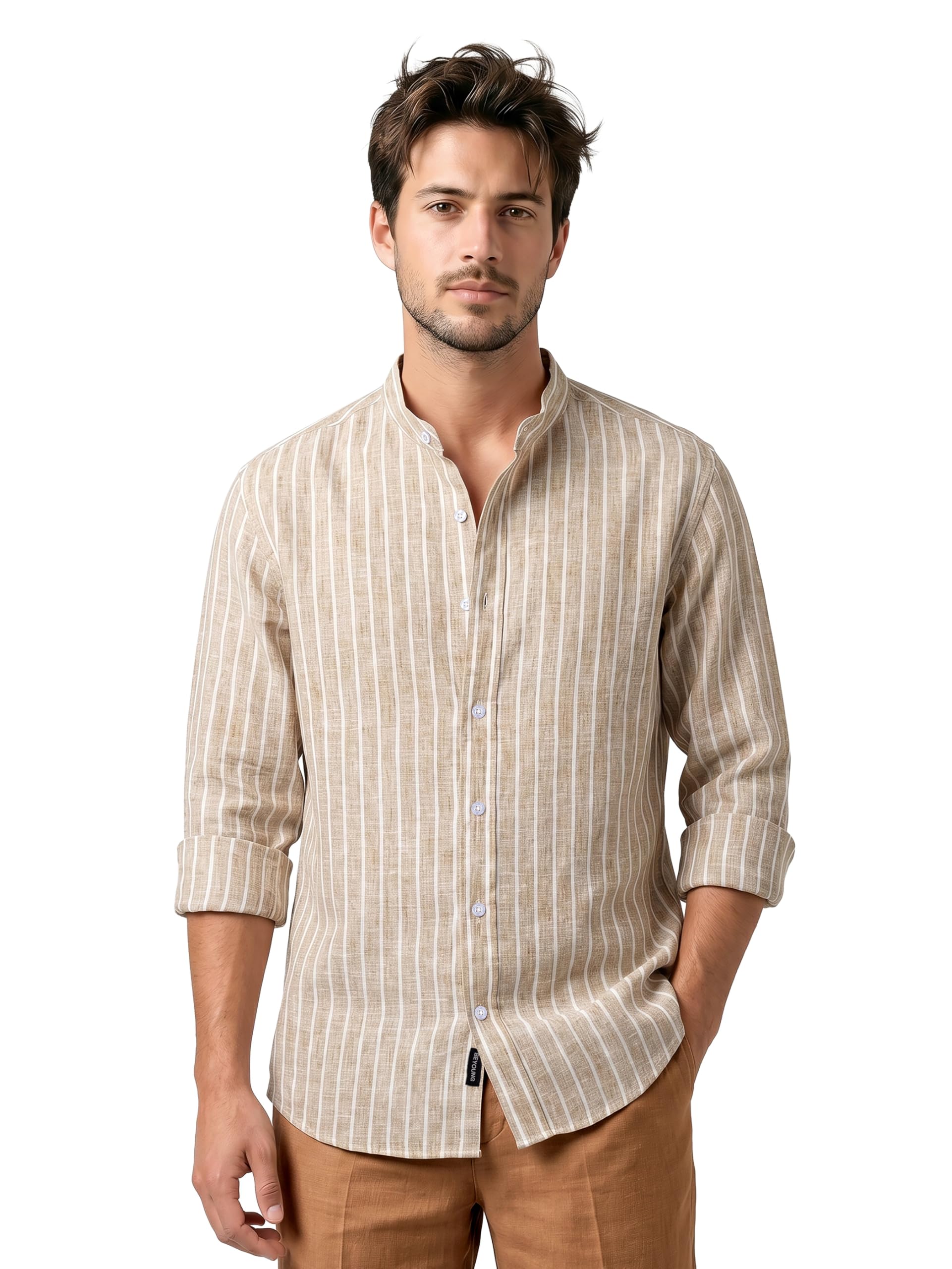 beyoung Linen Striped Shirt for Men | Chinese Stand Collar | Full Sleeve | Lightweight | Summer Shirt-picture-13