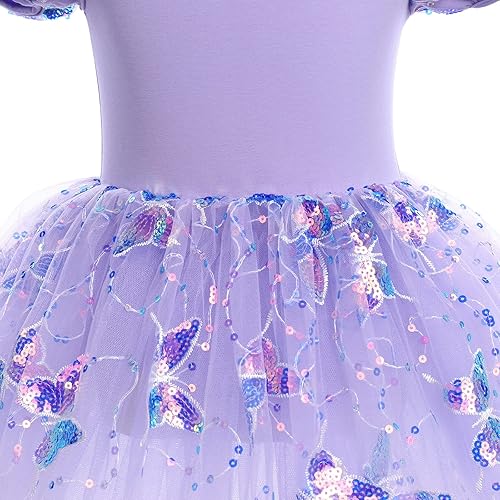 Miniatura 4 de Leotardos de ballet para niñas, 4 colores, mariposa, lentejuelas brillantes, vestido tutú de baile, manga abombada, ojo de cerradura en la espalda,