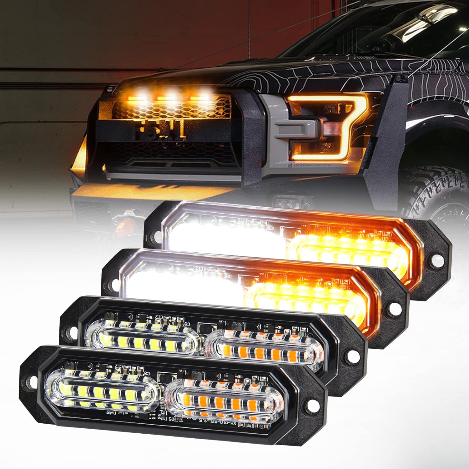 White Amber Led Grille Strobe Lights,12LED Emergency Warning Light Bar