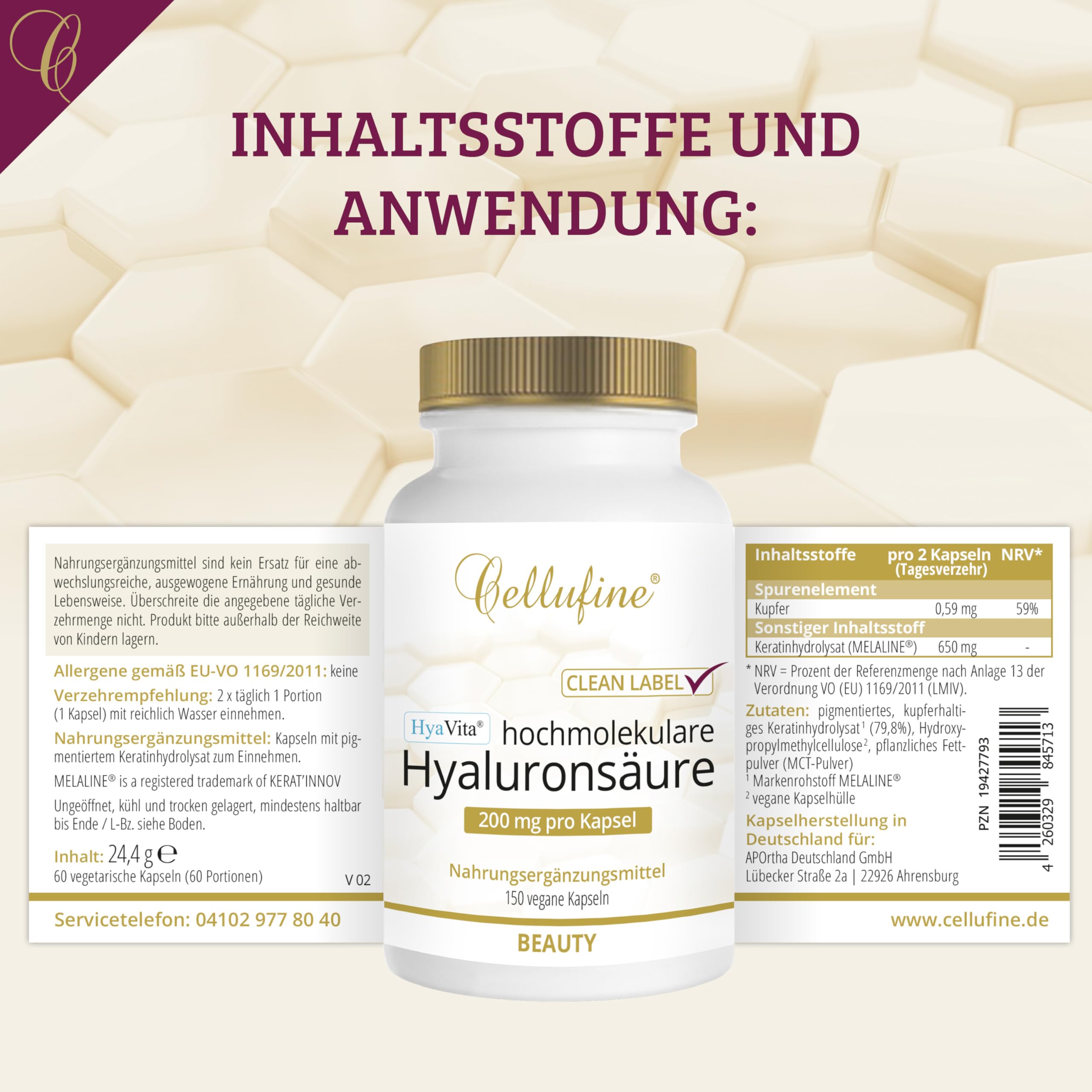 Cellufine® HyaVita Hyaluronsäure 150 Kapseln – hochdosiert, hochmolekular, glutenfrei, vegan – 150 glutenfreie Kapseln mit HyaVita Hyaluronsäure I natürlich & ohne Konservierungsstoffe