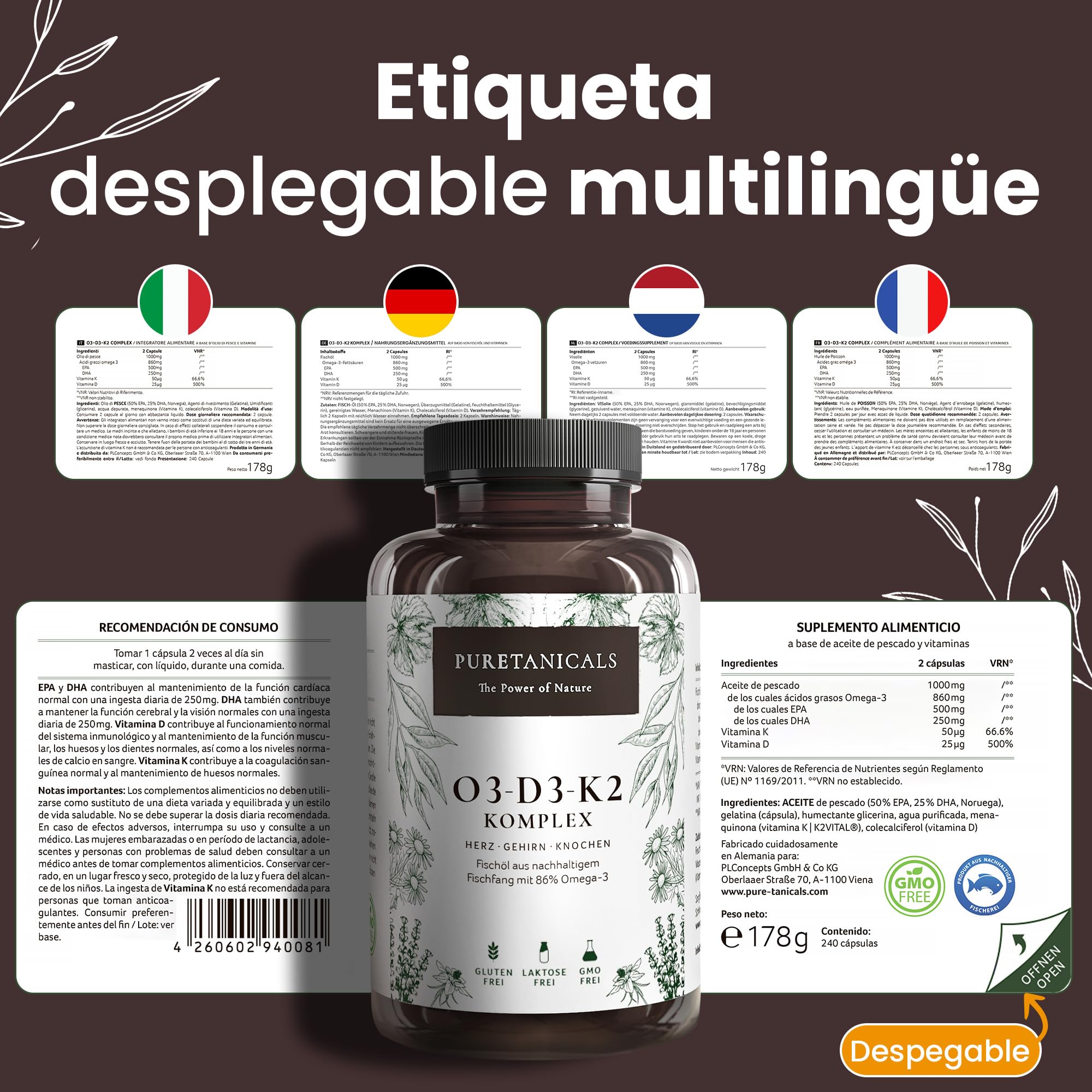 Omega 3 + Vitamina D3 + K2 MK7 All-Trans - Premium O3-D3-K2 Complejo Alta Dosis | Aceite de Pescado con Ácidos Grasos Esenciales EPA DHA | Óleo Omega3 Líquido | 240 Cápsulas de Gel Blando