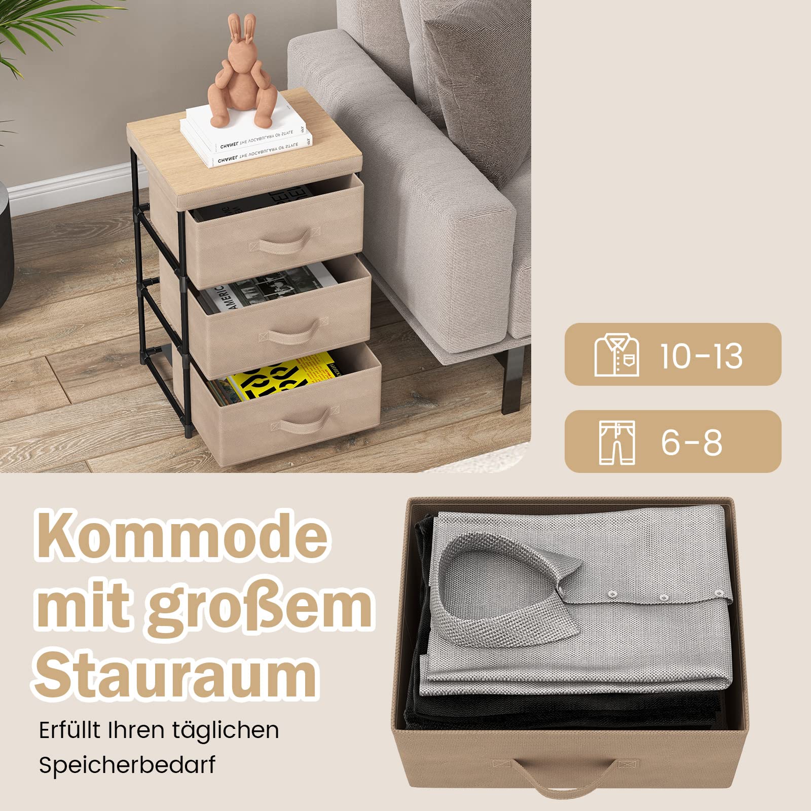 COSTWAY Nachtkastje met 3 laden, bijzettafel met metalen frame, commode, opbergkast, stoffen commode voor slaapkamer, woonkamer, hal, 40 x 30 x 62 cm (bruin