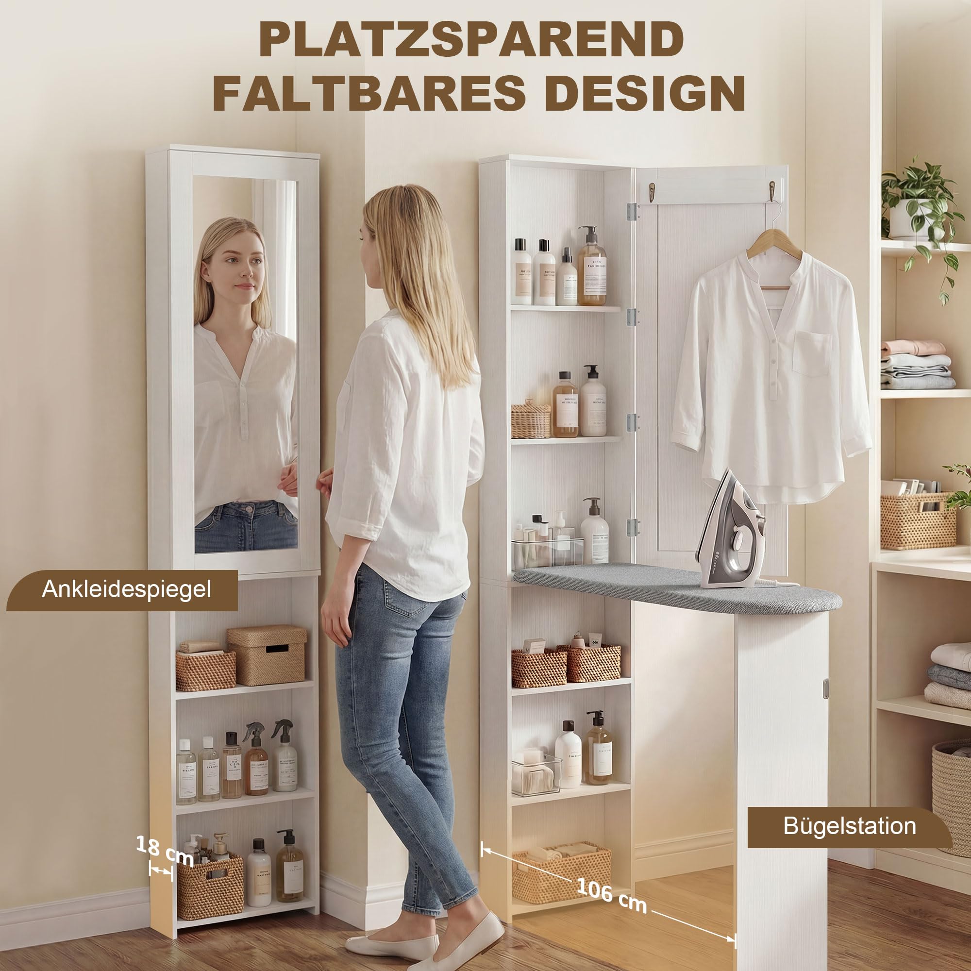HOMCOM Armadietto pieghevole per asse da stiro con porta, scaffali interni, specchio, salvaspazio, per la cura della biancheria, per lavanderia o piccoli spazi, 106 x 35 x 174 cm, bianco