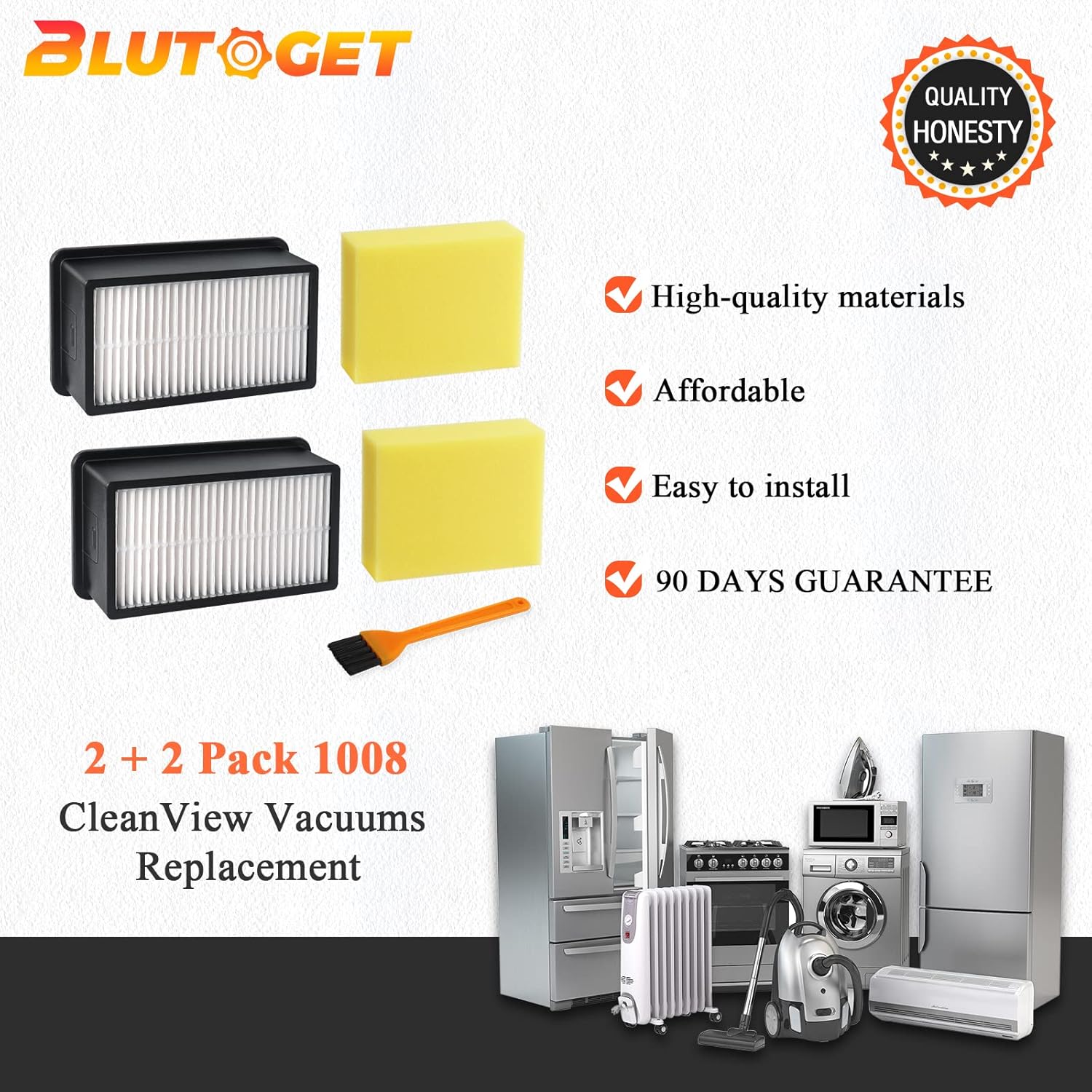 1008 Vacuum Filters 2 + 2 Pack by Blutoget - Replacement for Bissell 1008 CleanView Upright Vacuums 9595A, 1819, 1822, 1825, 1831, 1330 1332 - Compare to Part 2032663 and 1601502 (2 Pre-Motor Foam Filters 2 Post-Motor Filters 1 brush ) -