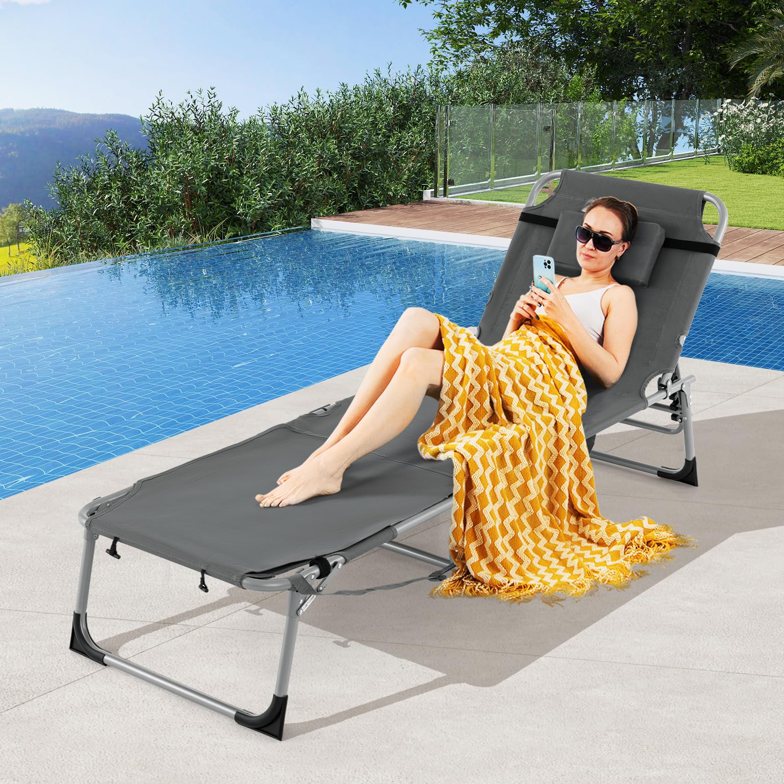 COSTWAY Lettino Prendisole Pieghevole Portatile, Lettino da Spiaggia con Fori per Viso e Braccia, Cuscino Poggiatesta e Tasca, Schienale Regolabile, per Mare e Piscina, Portata 180 kg (Grigio Scuro)