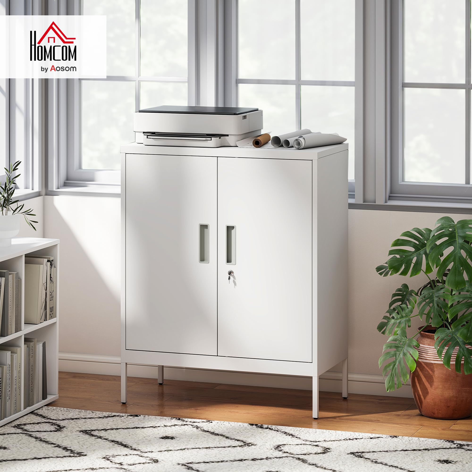HOMCOM Armadio Portadocumenti a 2 Ante in Acciaio, Schedario da Ufficio con Ripiani Regolabile su 25 Livelli e Serratura, Mobiletto Multiuso Portaoggetti, per Ufficio Studio, 80x40x100 cm, Bianco