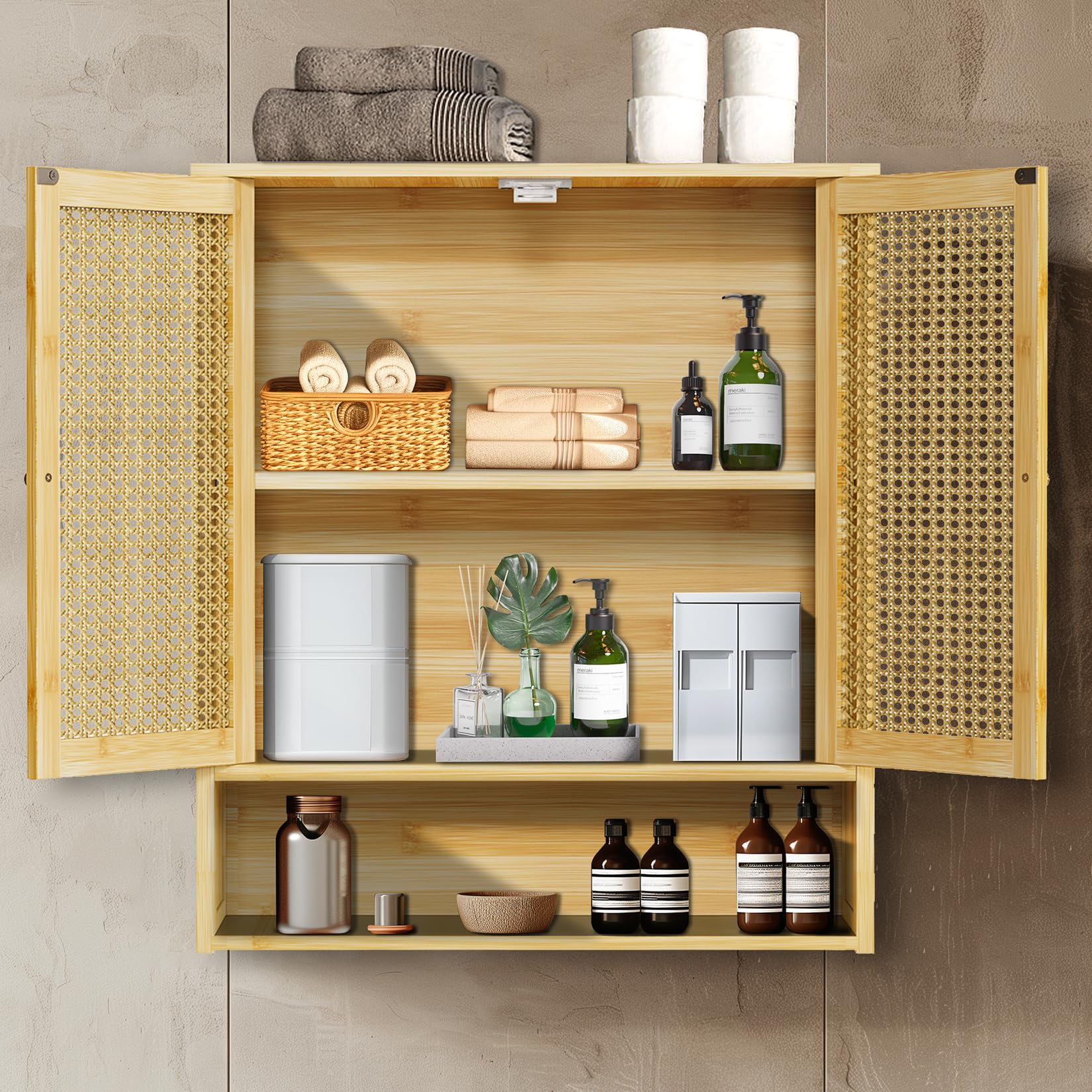 unho Meuble Salle de Bain en Bambou: Armoire WC Mural Rangement de Toilette Suspendu Placard Mural avec Étagère Hauteur Réglable - 59x20.5x66.5cm