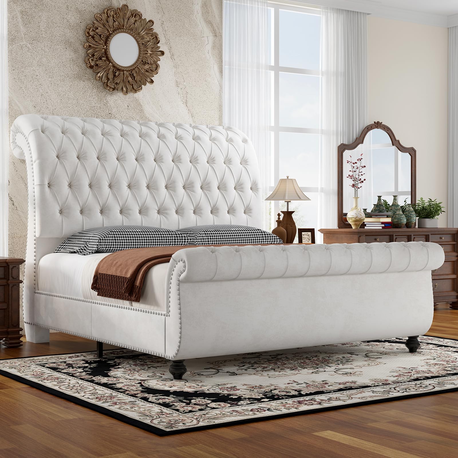 Jocisland Cal King Bed Frame Sleigh Headboard and Footboard