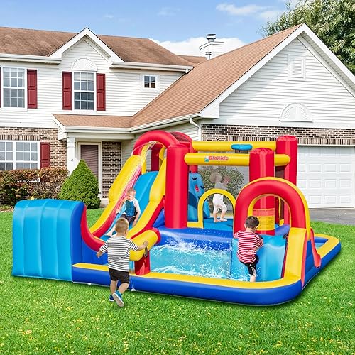 Miniatura 2 de OLAKIDS Tobogán acuático inflable, parque acuático 8 en 1 con 2 toboganes, pared de escalada, pistola de agua, borde de baloncesto, carrera de