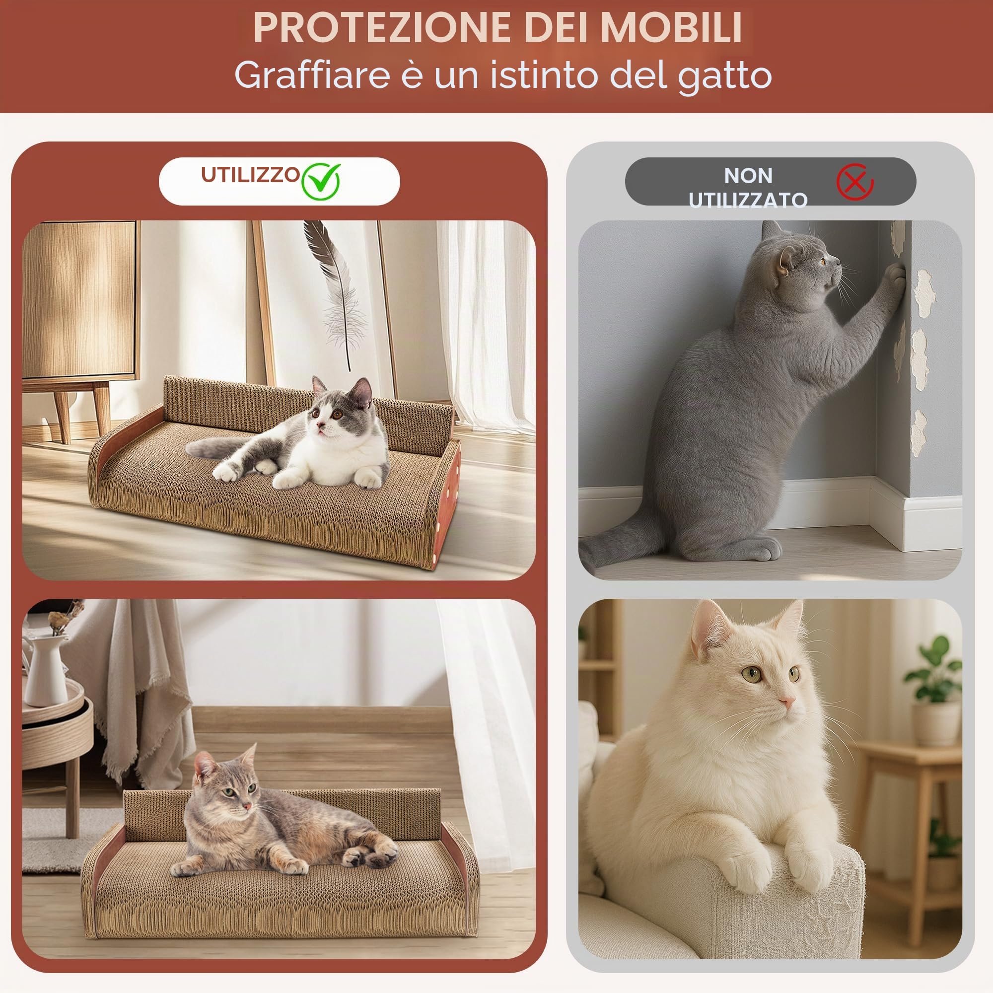 Tiragraffi per Gatti Adulti XXL - Tiragraffi Cartone 62cm Design Divano - Cartone Ondulato Rinforzato - Per Lettino Gatti e Soggiorno