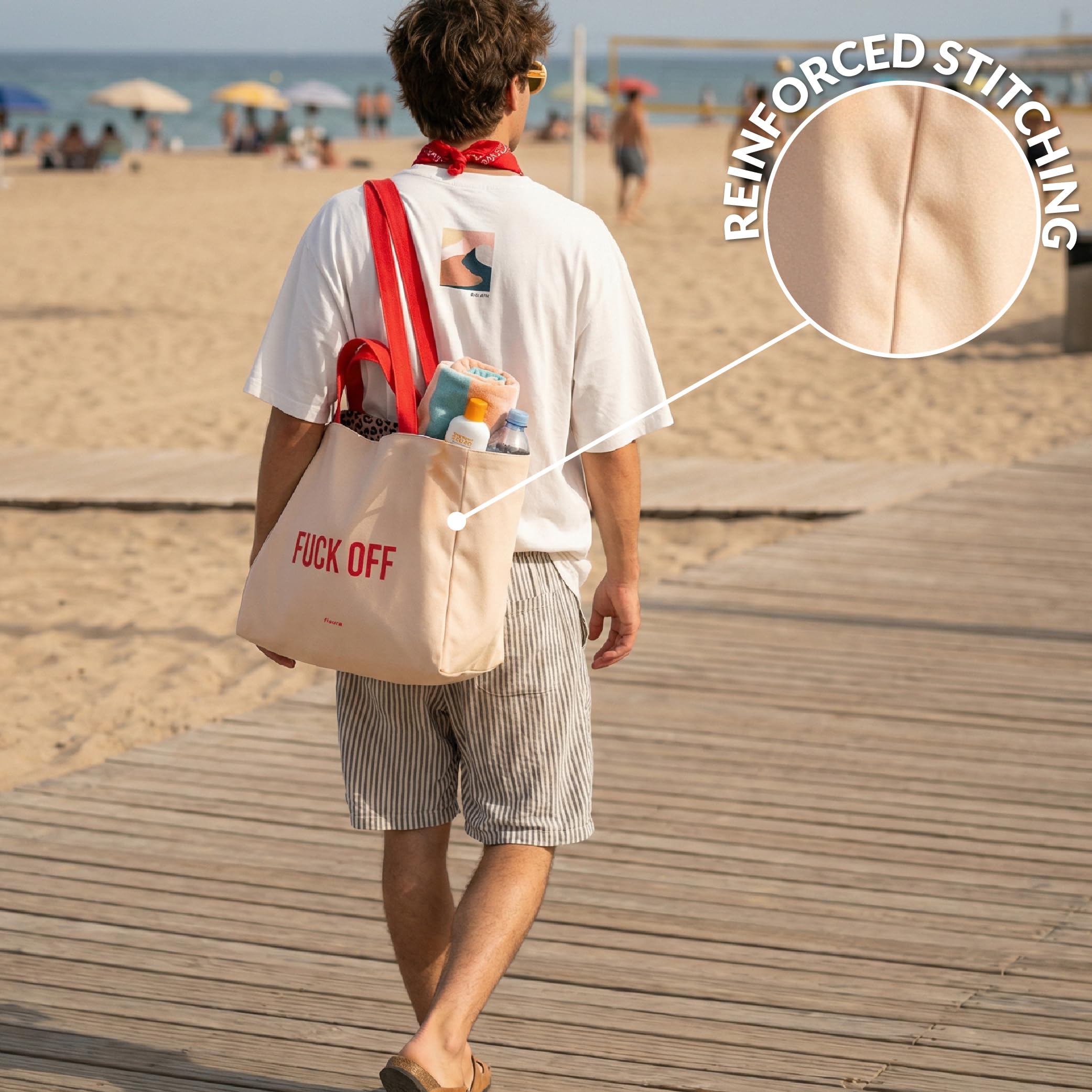 Fisura – Oryginalna torba plażowa „Fuck off”. Duża dwustronna torba plażowa beżowa w panterkę. Bawełniana damska tote bag XXL. Torba materiałowa na podróż, zakupy lub plażę.