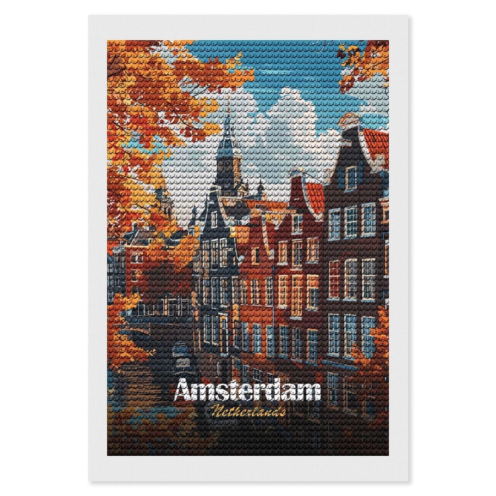 Junmoney Amsterdam Netherlands Autumn Cityscape Illustration Full Drill Diamond Painting Kit 8"x12", for Teens, Calming Craft to Unwind, Home Wall Decor, Christmas Gift