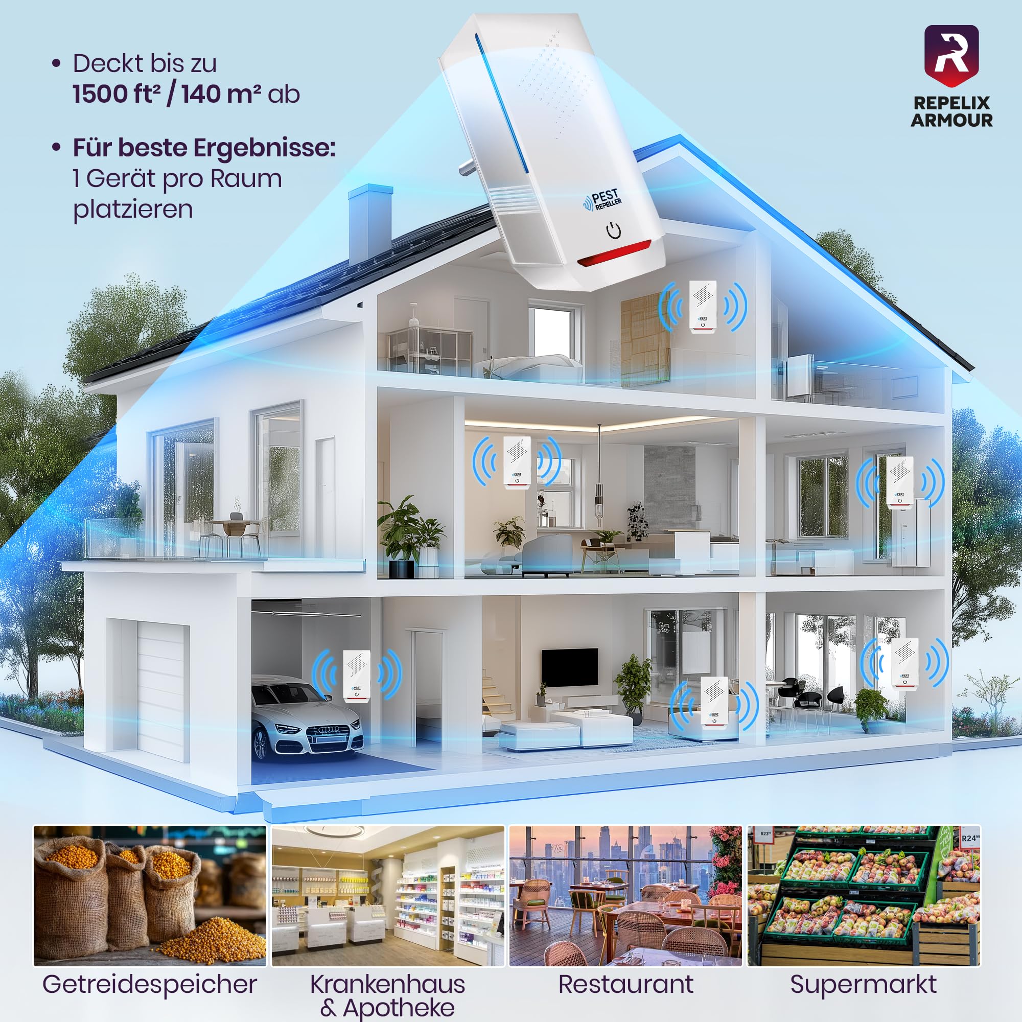 Ultraschall-Schädlingsbekämpfer für Innenräume – 1 Pack – Deckt 140m² pro Gerät ab – 3 Modi – Vertreibt Mäuse, Ratten, Spinnen, Mücken, Ameisen, Insekten & Fliegen, HX-168 (Weiß)