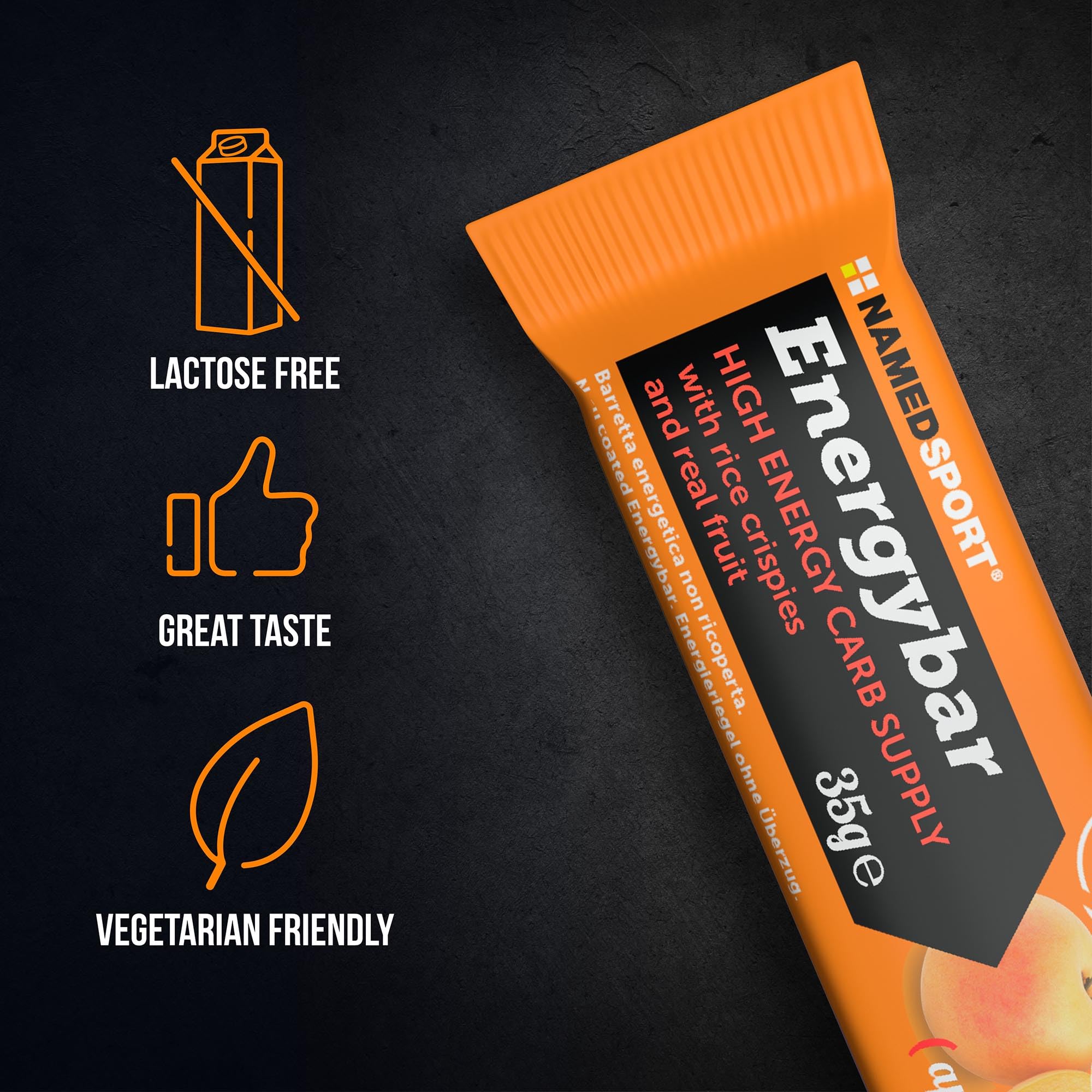 NAMEDSPORT> EnergyBar, Barre énergétique au goût d'abricot savoureux, à base de glucides, avec du riz soufflé et de vrais fruits, Brand of Italy, Boîte de 12 unités
