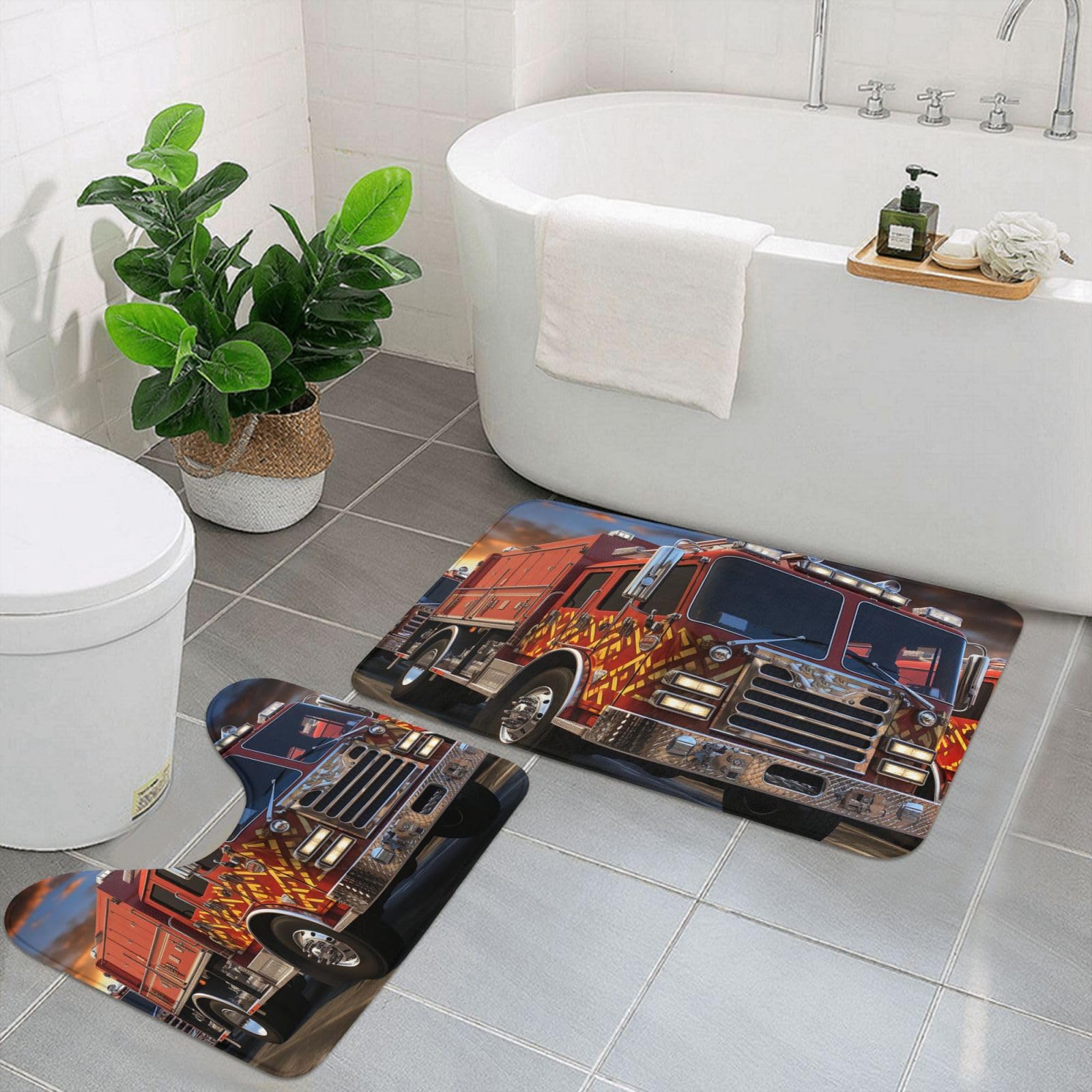 Tapis de bain en microfibre haute densité camion de pompiers et contour WC