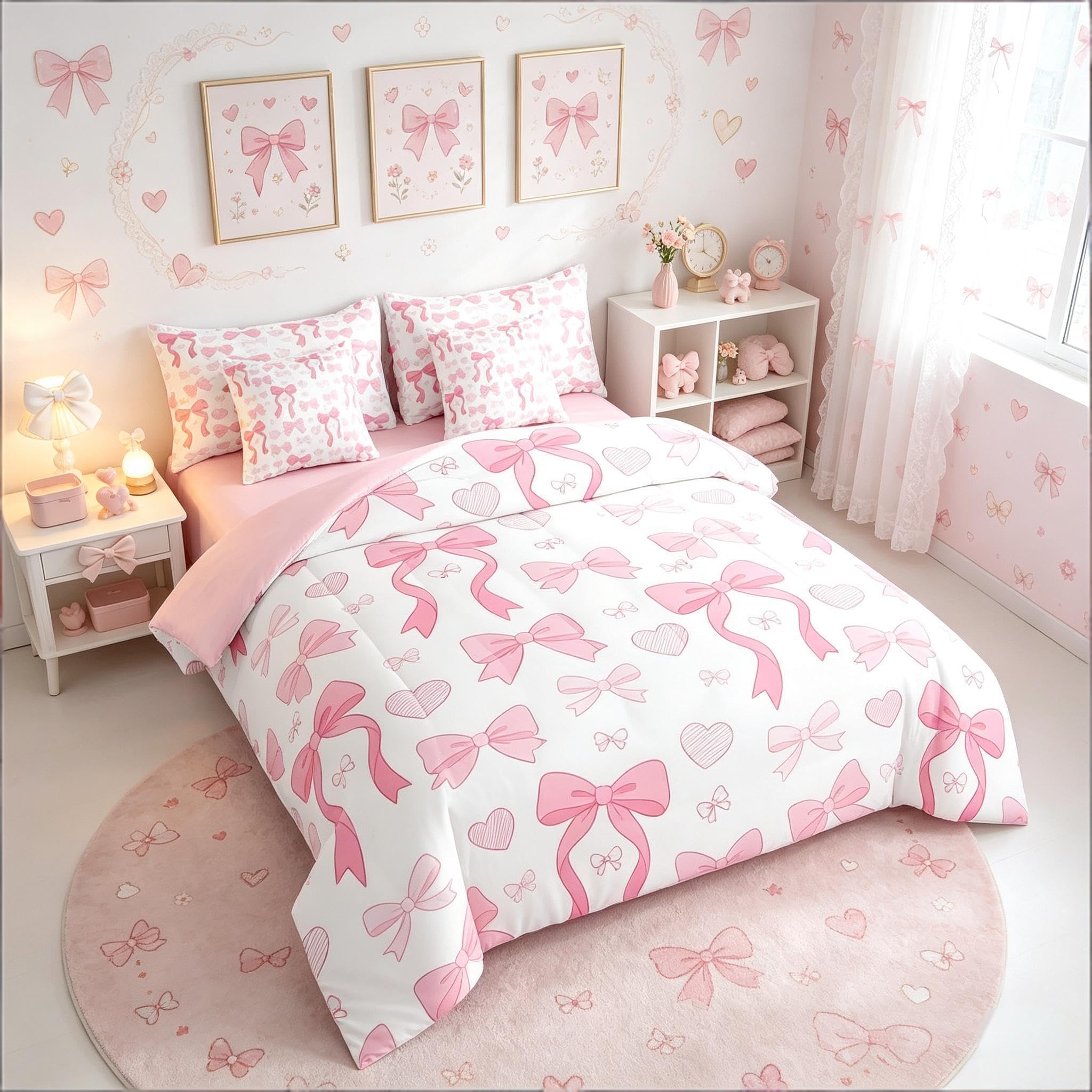 Homemissing Rosa Coquette Bow Lenzuola con arredamento letto camera da letto, carino Bowknot Letto Trapuntato bambini Bow Piumino Letto con lenzuola 7 pezzi 135x200cm Kawaii principessa microfibra