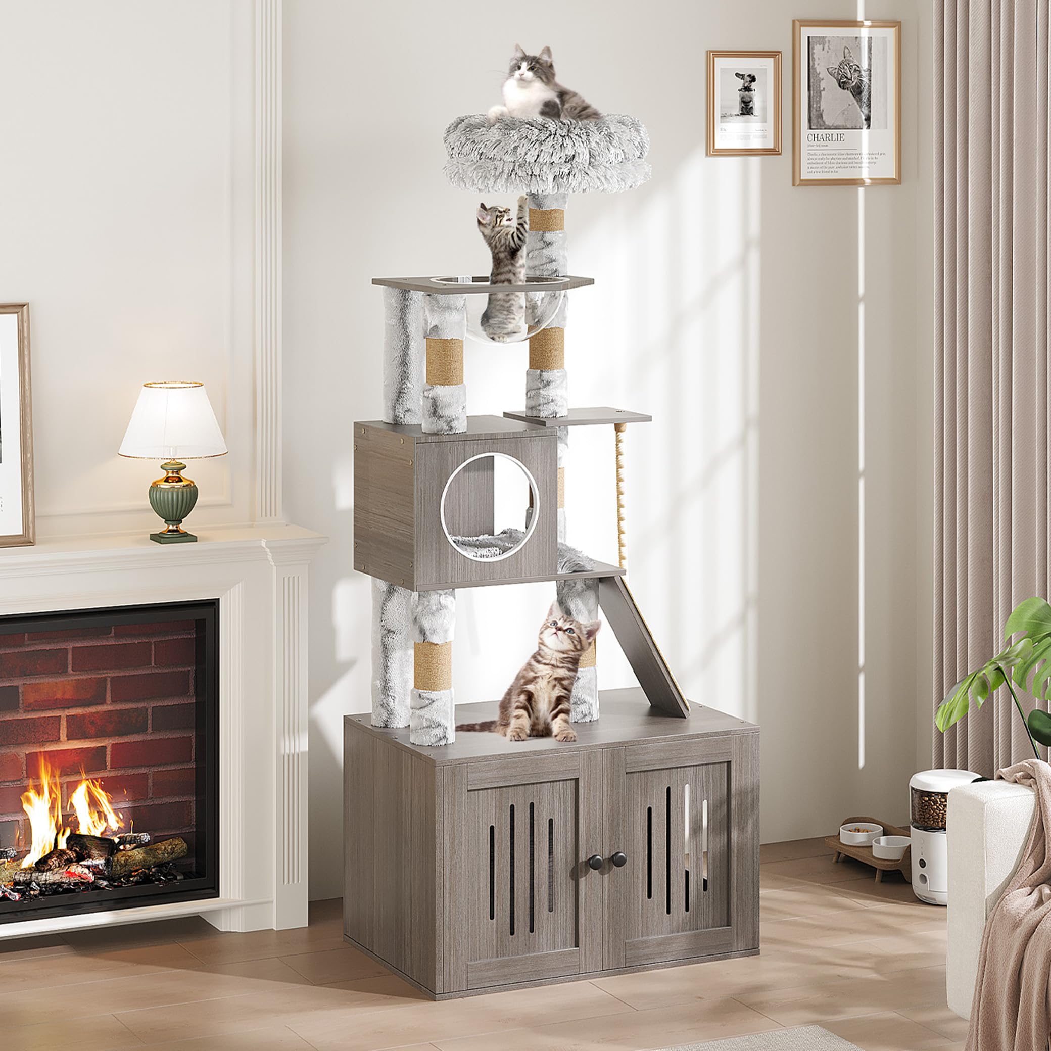 Cat Tree with Litter Box Enclosure, 2-in-1 Cat Tower, 66.9 in Tall Cat Condo with Scratching Posts, Perch(Grey), Grey