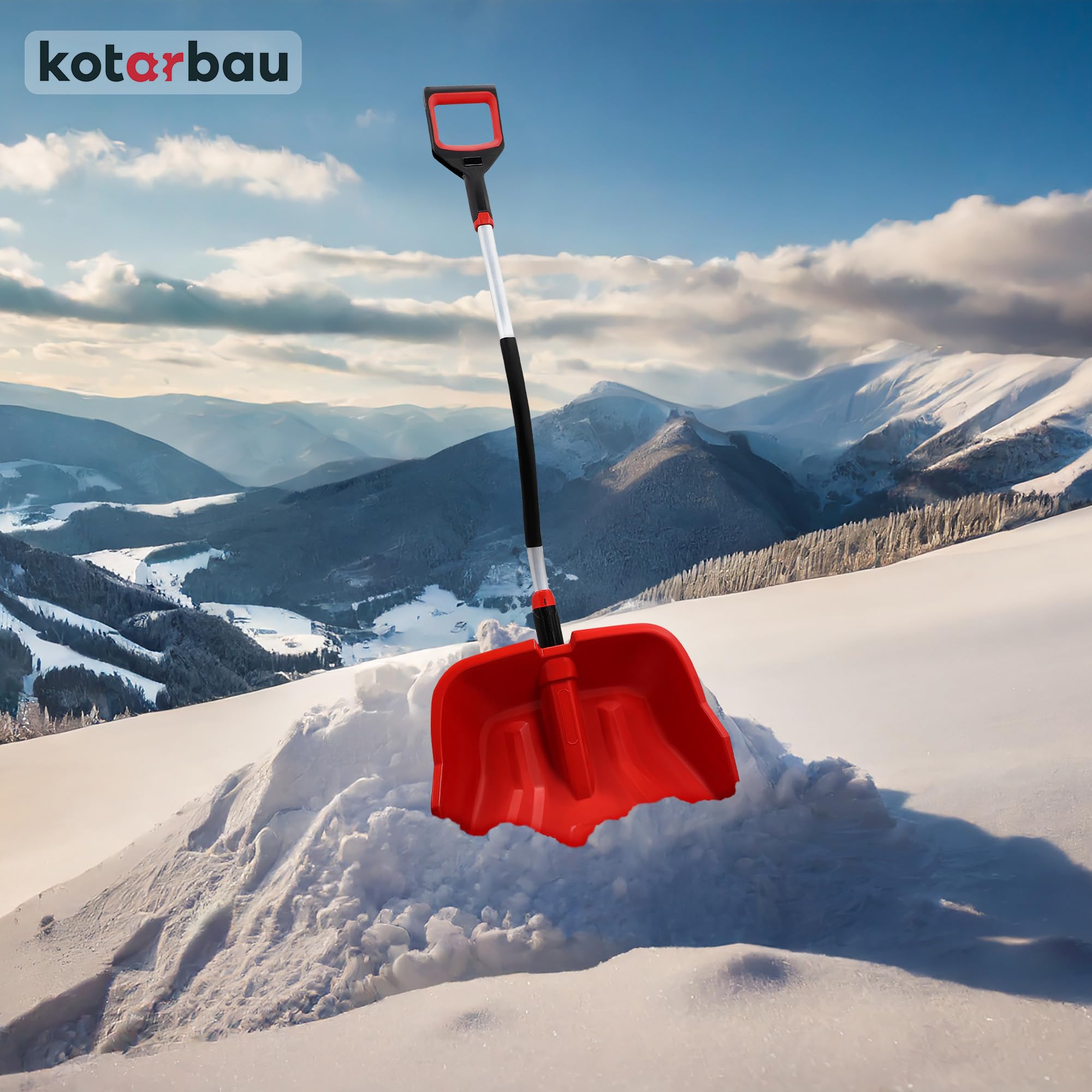 KOTARBAU® Pala da neve in plastica, 40 x 50 cm, con manico ergonomico, 144 cm, colore rosso, con attacco in alluminio, per la neve