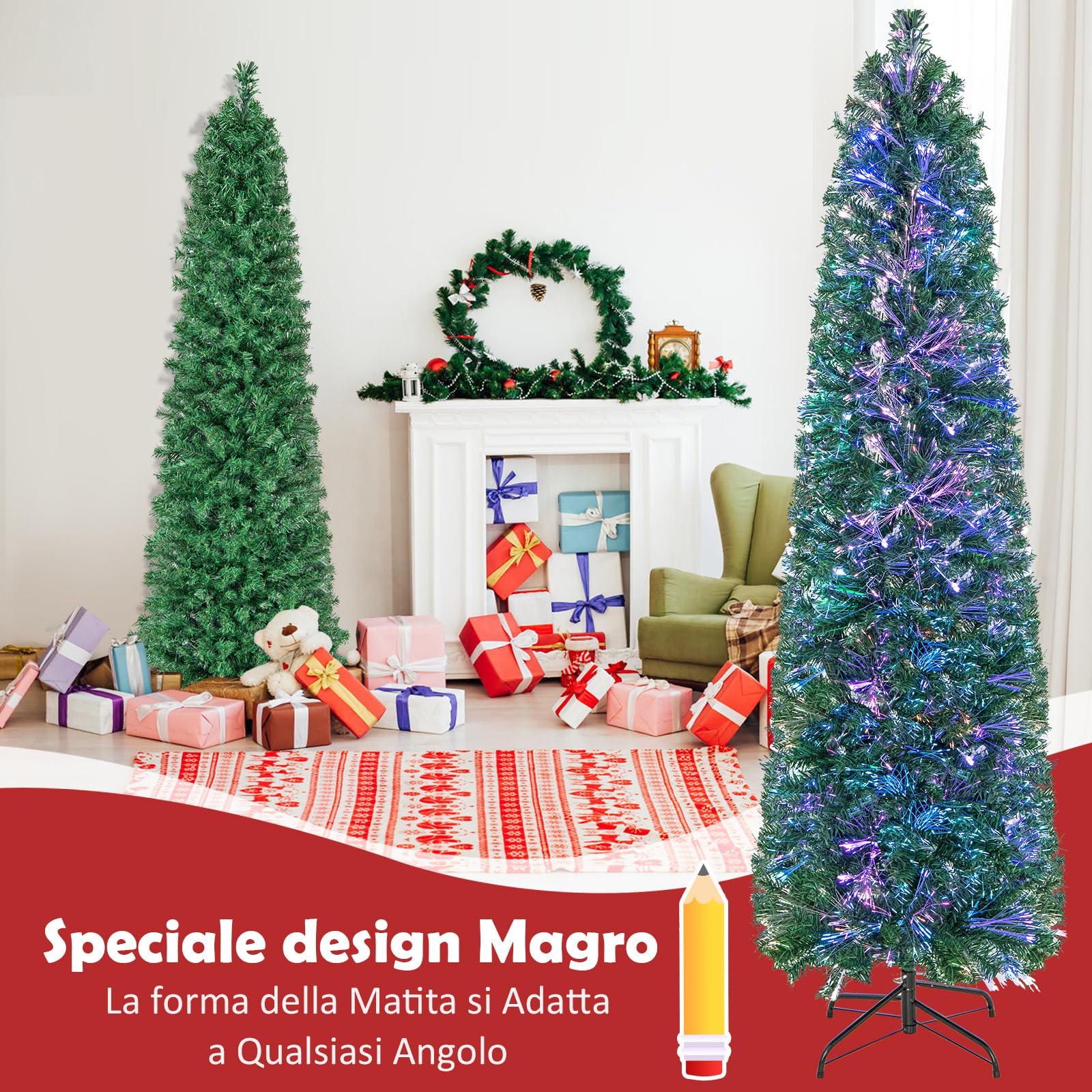 COSTWAY Albero di Natale Artificiale con Fibra Ottica 150/180 CM, Albero di Natale Slim Preluminato con 361/517 Rametti, Base in Metallo Pieghevole, Ideale per Casa, Ufficio e Feste (180 cm)