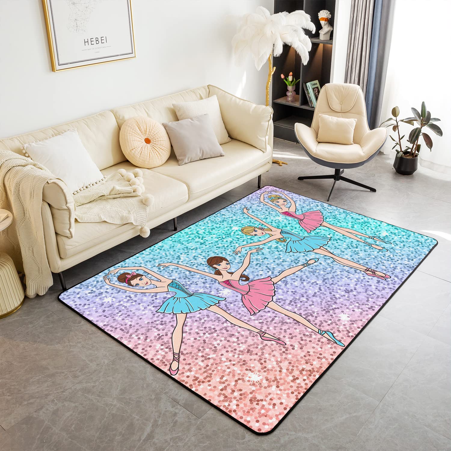 Homemissing Ballet Area Rug 100x150cm Glitter Ballet Dancers Living Room Rugs For Bedroom Home Decor Princess Decor Carpet Ultra Soft Non-Slip Indoor Floor Mat