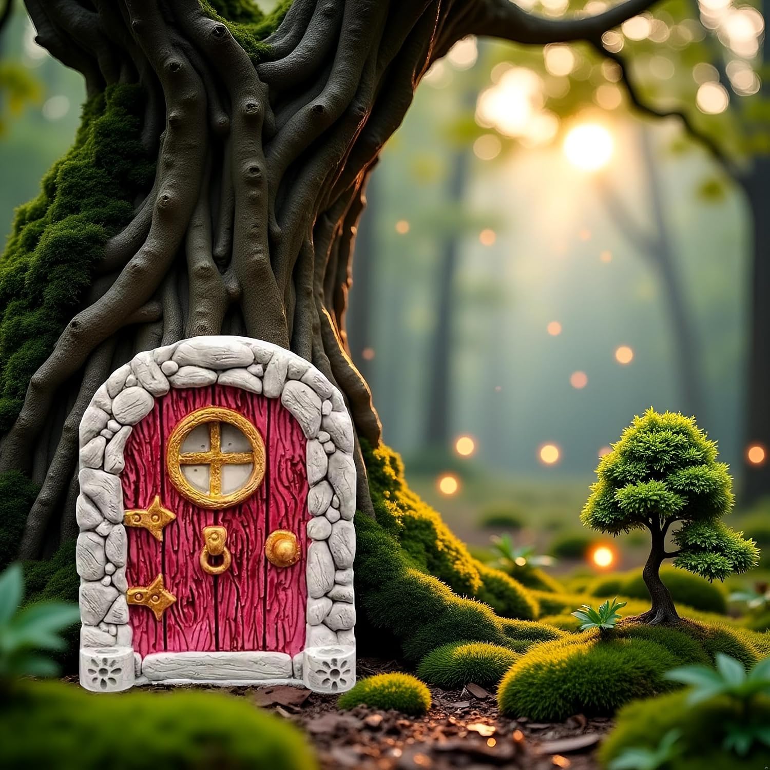 Jinshining Red Mini Fairy Garden Door for Tree, 3D Miniature Fairy Door for Fairytale Tiny House Doors, Bonsai Terrarium Micro Landscape Decoration Accessories Garden Miniatures
