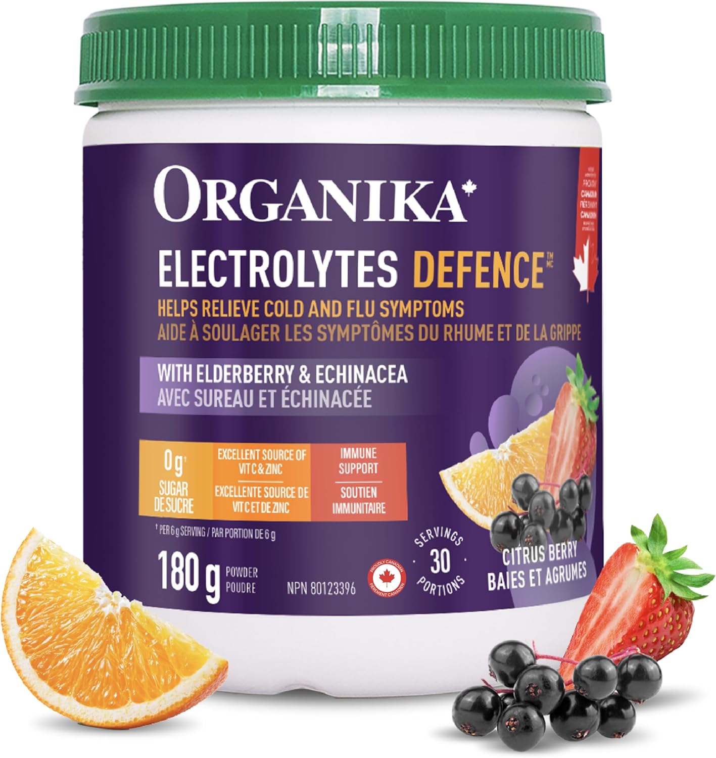 Organika Canadian-Made Electrolytes Defence - Daily Hydration Powder for Immune Support with Elderberry, Echinacea and Zinc, Natural Citrus Berry Flavour, 180 g, 30 Servings,