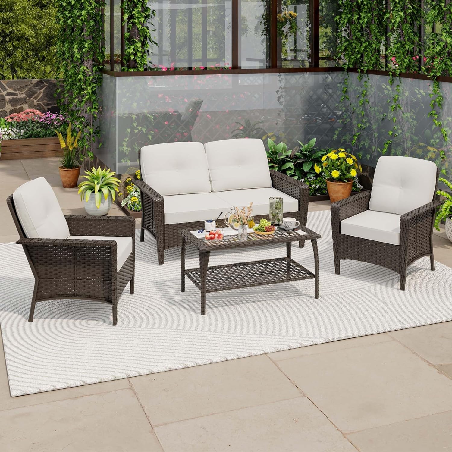 4 Pieces Patio Furniture Set, Outdoor PE Wicker Loveseat and 2 High Back Rattan Chairs & Coffee Table, All Weather Patio Set with Waterproof Cushion for Porch, Backyard and Deck