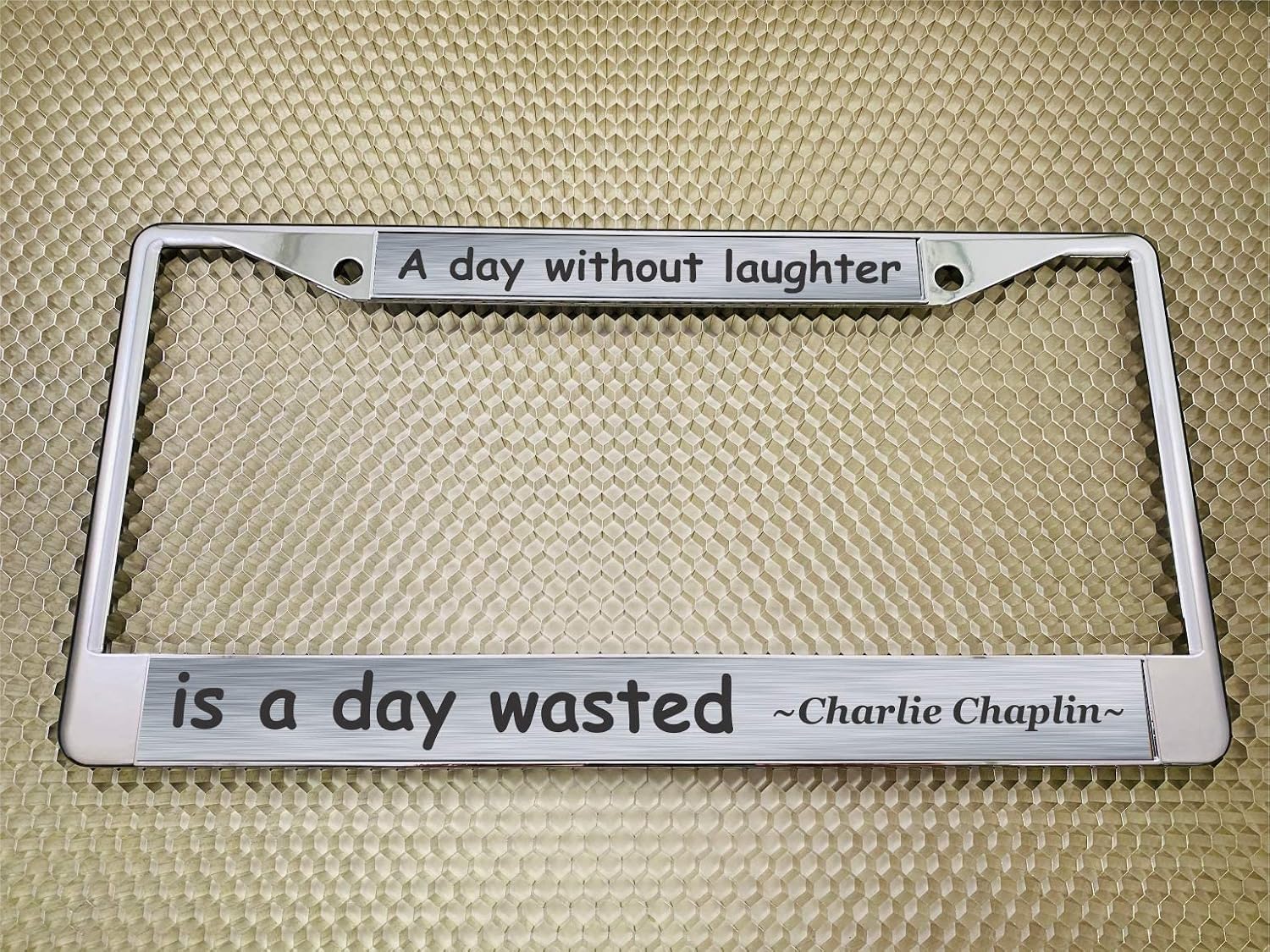 Custom Personalized Chrome-Plated Metal Laser Engraved Standard Size (6”x12”) - Car/Automobile License Plate Frame with Free caps - Steel/Black Text (Qty: 1 Frame)