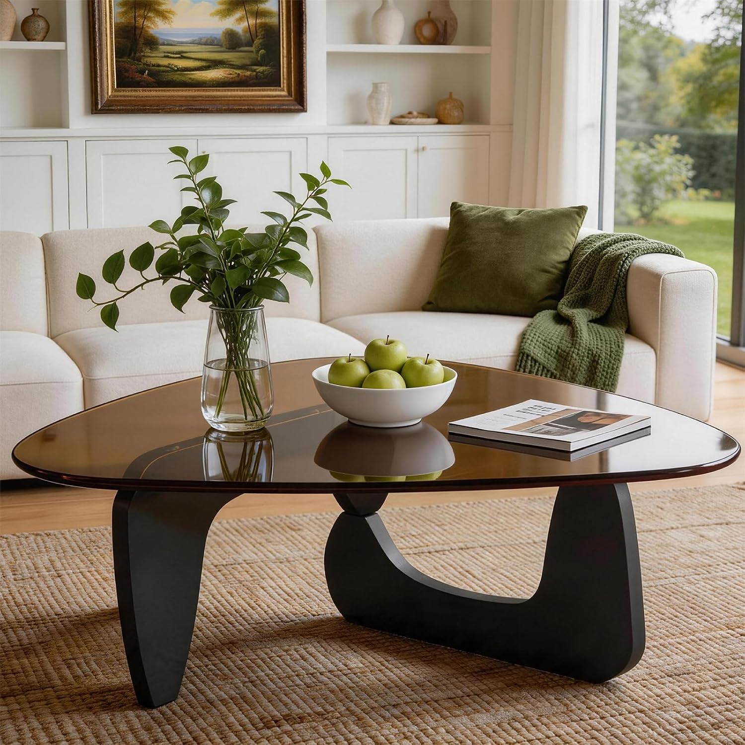 Small Triangle Coffee Table for Living Room, Modern Geometric Design, Black Wood Base with Smoked Glass Top, Minimalist Sofa Side Table, Ideal for Small Spaces,31 Inch