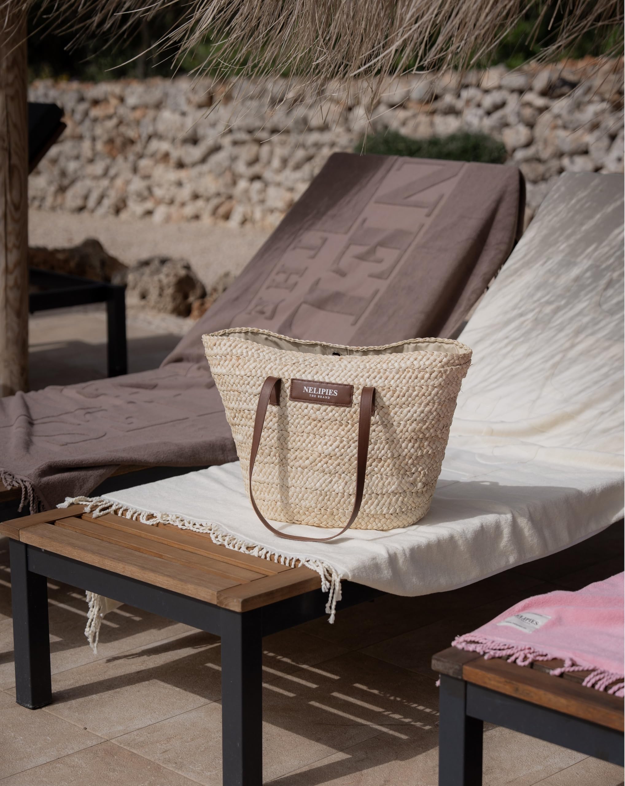 Korbtasche aus Stroh, Strandtasche mit Lederdetails, 59 x 32 cm, Handgeflochten, für Strand und Freizeit
