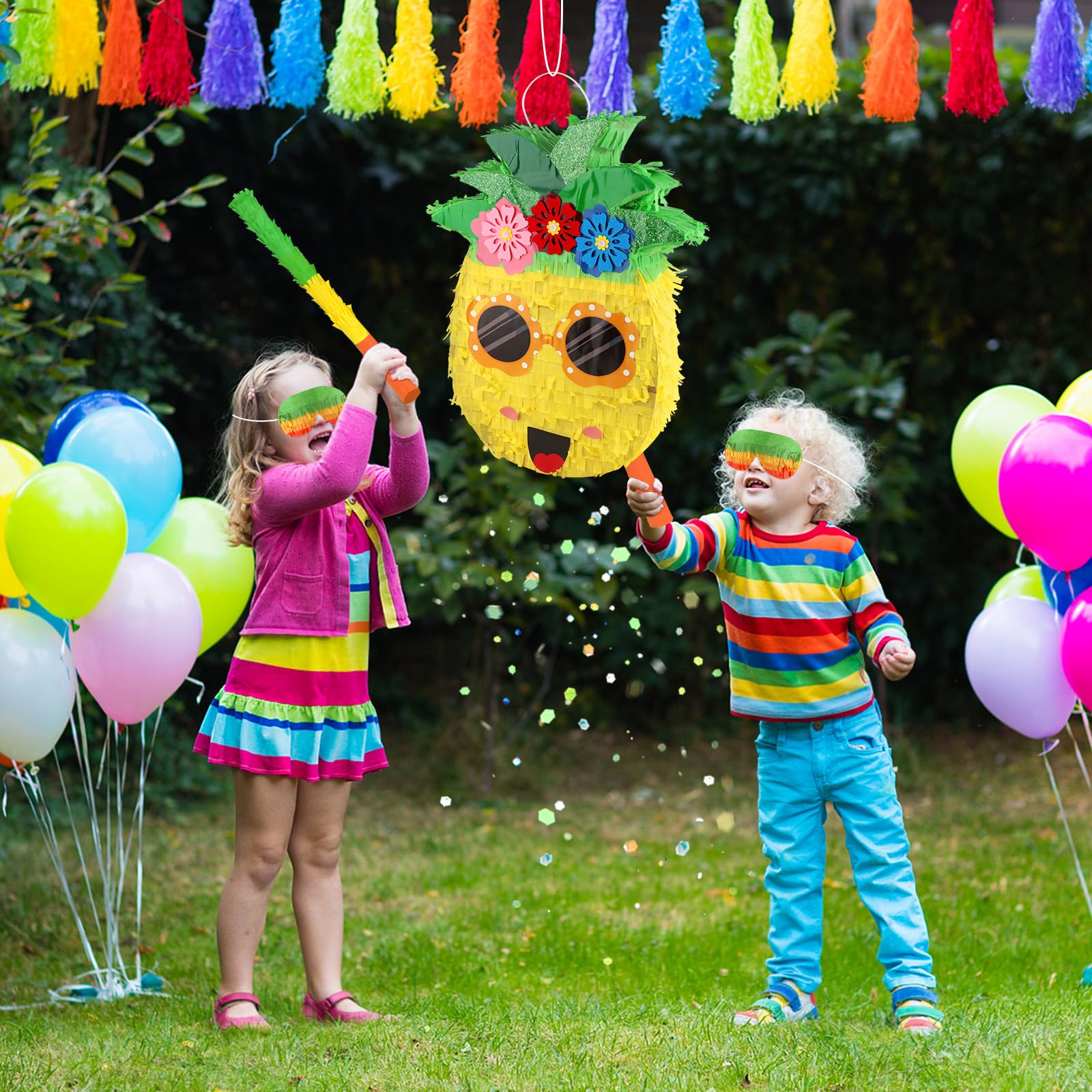 Piñata de piñata de verano con palo y venda para los ojos, piñatas grandes y divertidas, decoraciones de fiesta de frutas, juegos de piña para fiestas hawaianas tropicales luau, suministros