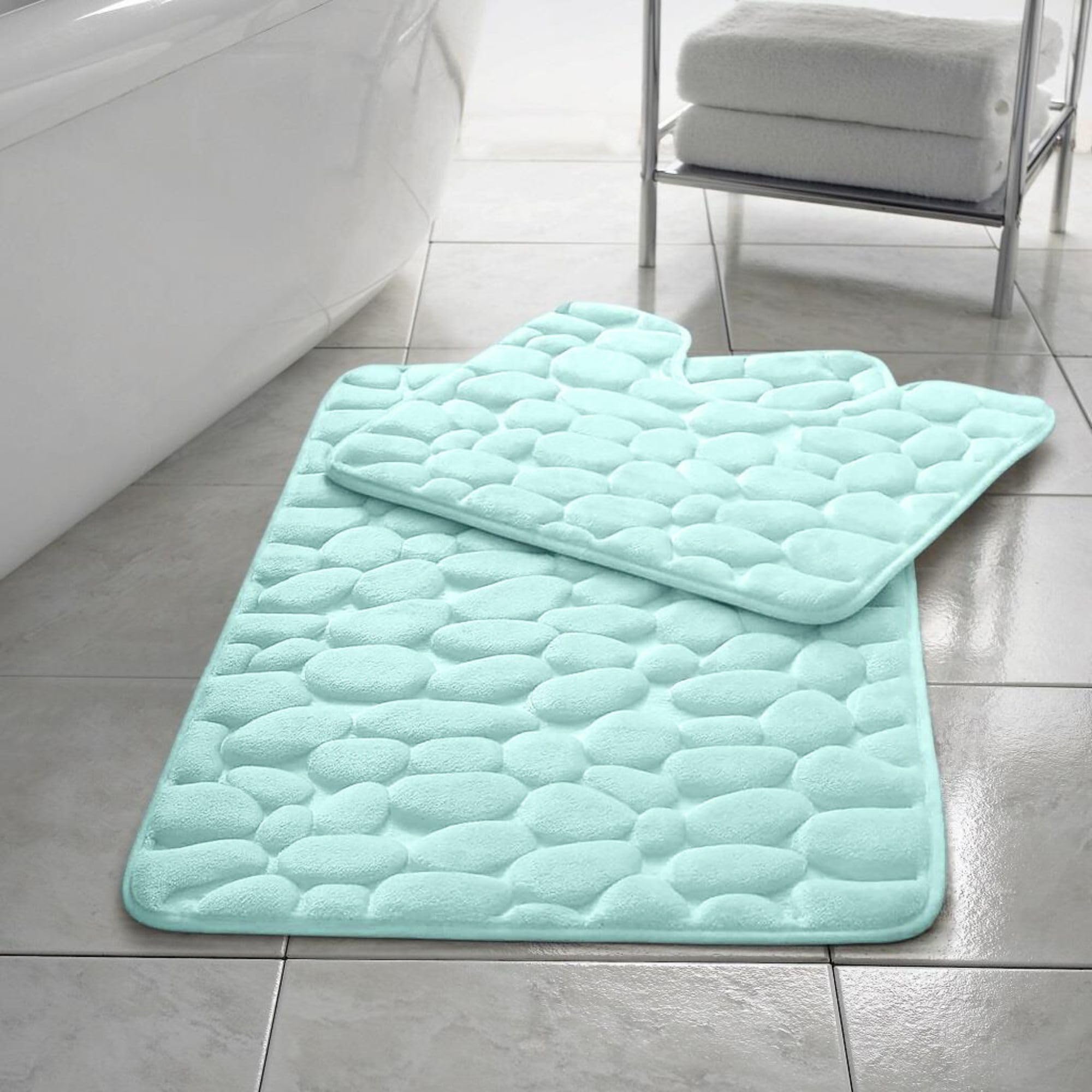 HomeSpace Direct Pebbles Non- Slip Memory Foam Bath Mat/Toilet Mat Set Aqua Blue