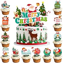 Topper per Torte Natale, 13 Christmas Cake Topper Set – 12 Pcs Cupcake Topper di Natale, Natale Cupcake Decorazione & 1 Pcs Big Decorazione della Torta di Buon Natale, per Interni Decorazioni Natalizie