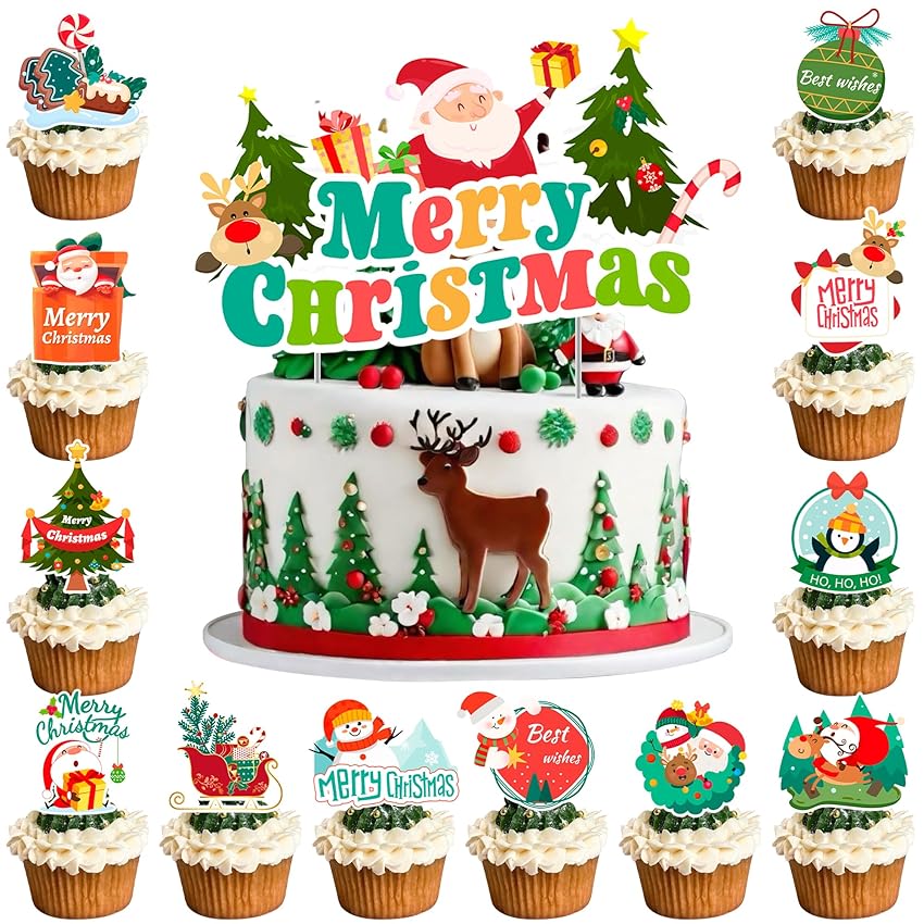 Topper per Torte Natale, 13 Christmas Cake Topper Set - 12 Pcs Cupcake Topper di Natale/Natale Cupcake Decorazione & 1 Pcs Big Decorazione della Torta di Buon Natale, per Interni Decorazioni Natalizie