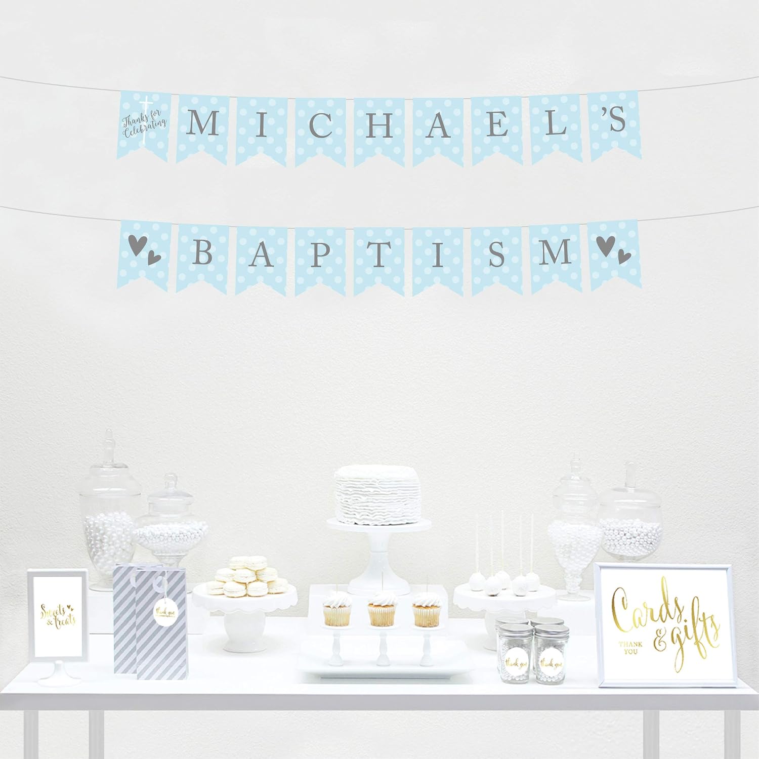 Andaz Press Baby Blue and Gray Boy Baptism Collection, Personalized Hanging Pennant Party Banner with String, Thanks for Celebrating Michael's Baptism, 6-Feet, 1 Set, Custom Name