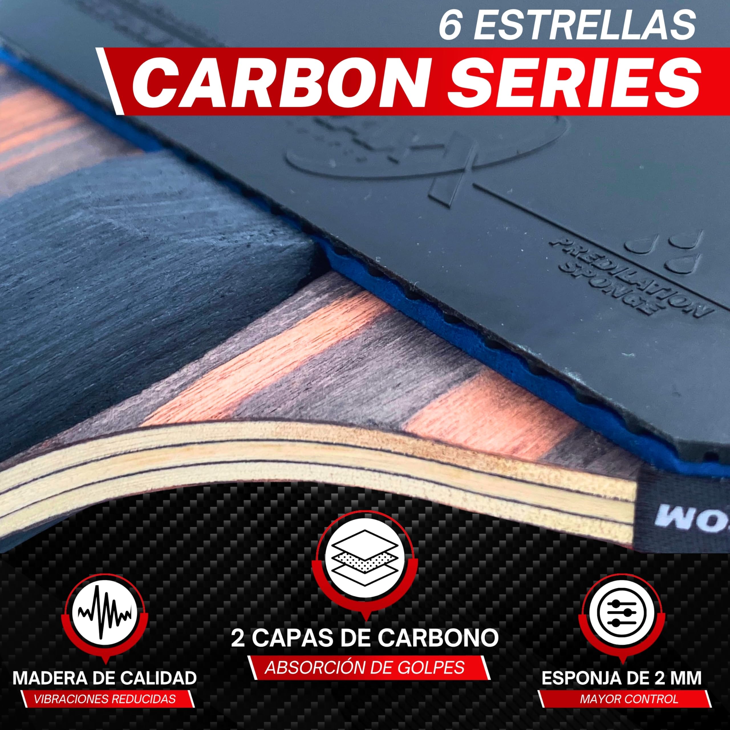 Pala Ping Pong Carbon | Raqueta de Carbono Profesional para un Control inigualable, Giro y Potencia, Ultra Ligera, Esponja de 2 mm y Revestimiento de Alto Rendimiento - 2