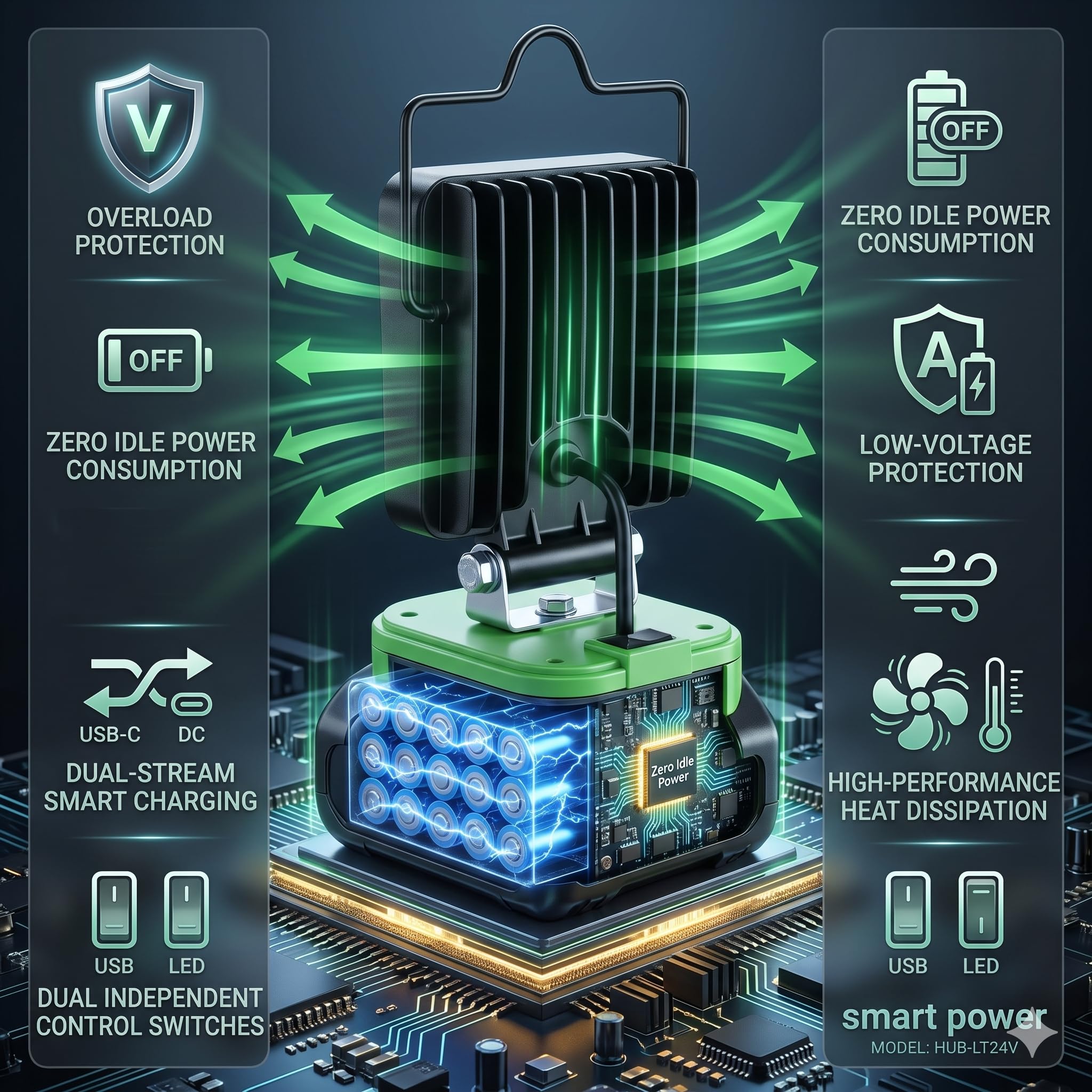 Lámpara de trabajo para Ryobi 40 V, 48 W, 6800 lm, luz de inundación inalámbrica portátil con USB y conector de carga rápida tipo C para herramientas Ryobi, foco LED para camping, pesca, taller (no