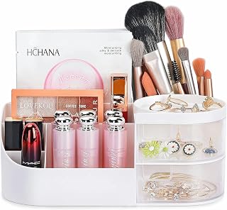 Cute Makeup Desk Cosmetic Storage Box Organizer with Drawers for Dressing Table,Vanity Countertop, Bathroom Counter, Elegant Vanity Holder for Brushes,Eyeshadow,Lotions,Lipstick,Nail Polish - White