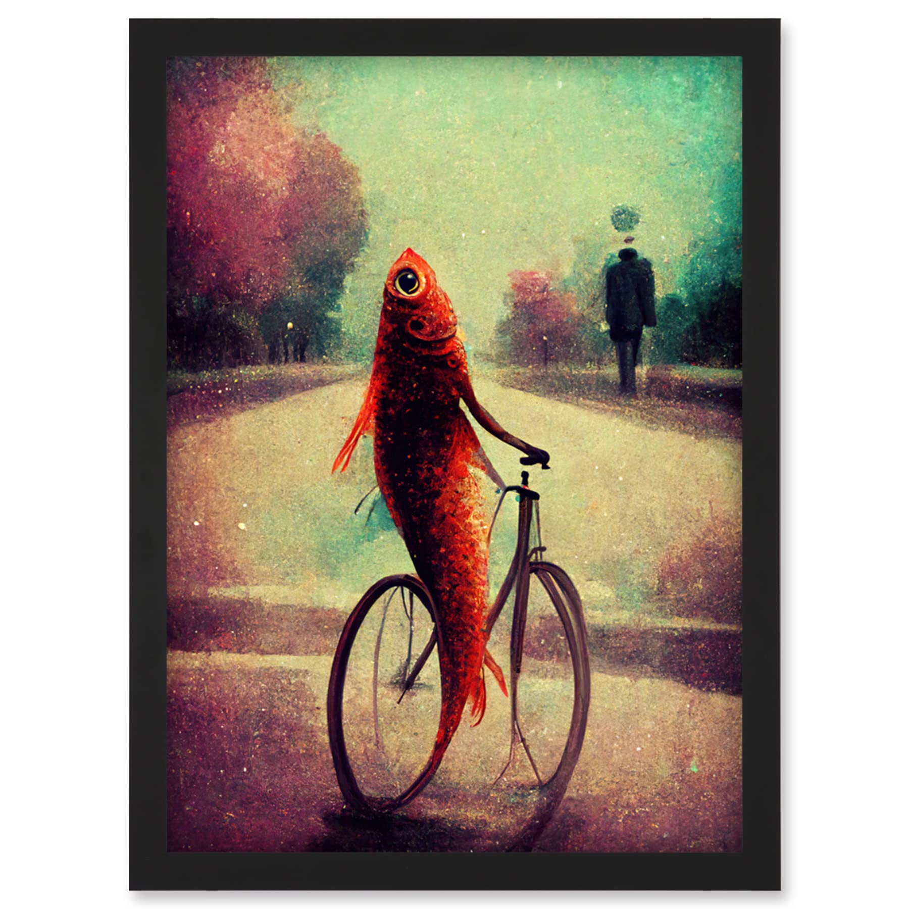 Doppelganger33 LTD Koi Fish With Bicycle Surrealism Purple Teal Park Dream Artwork Framed Wall Art Print A4