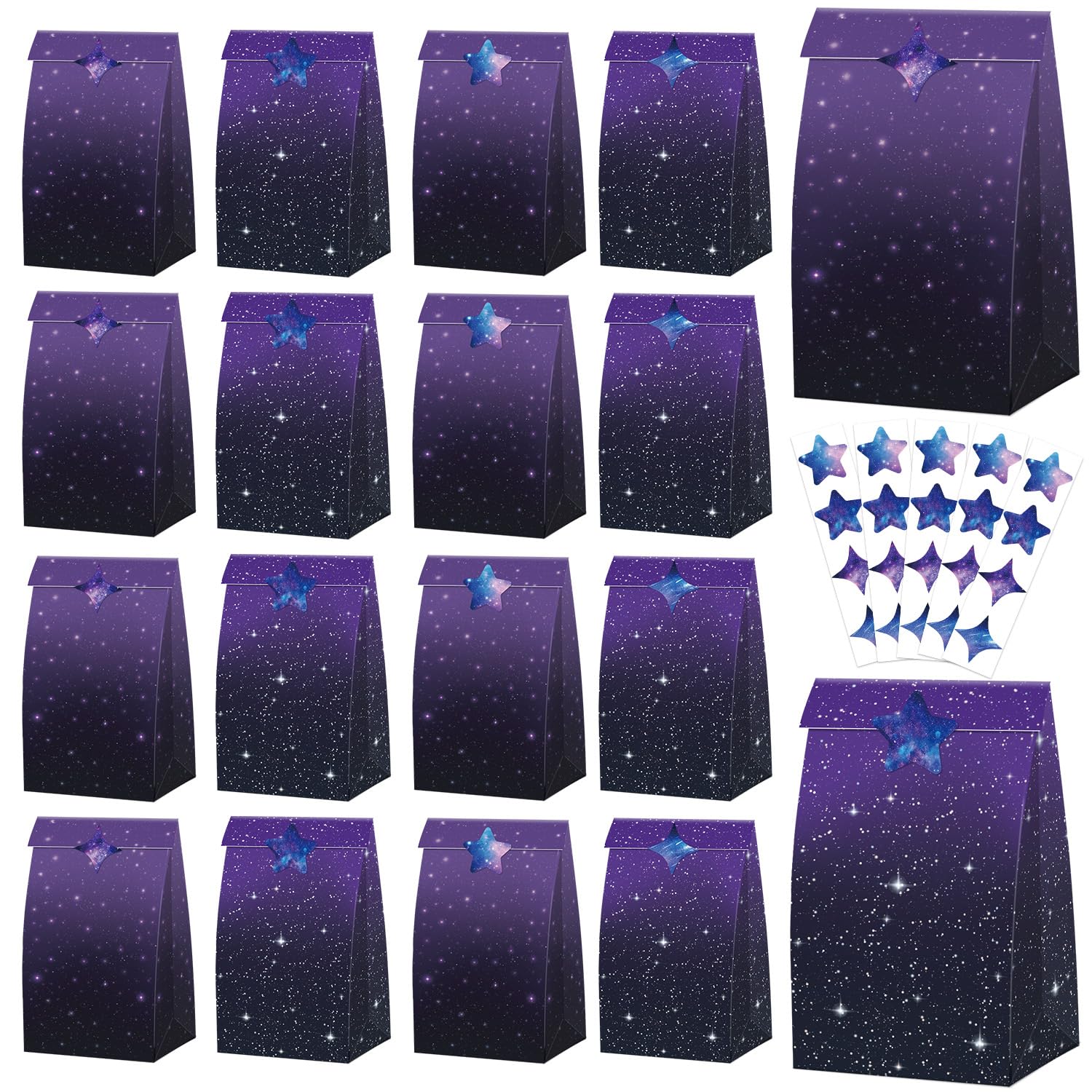 20 Pcs Purple Galaxy Goodie Bags - Outer Space Party Favors Bag with Planet Stickers, Solar System Gift Paper Bags, Galaxy Birthday Candy Treat Bag for Starry Sky Baby Shower Party Decorations