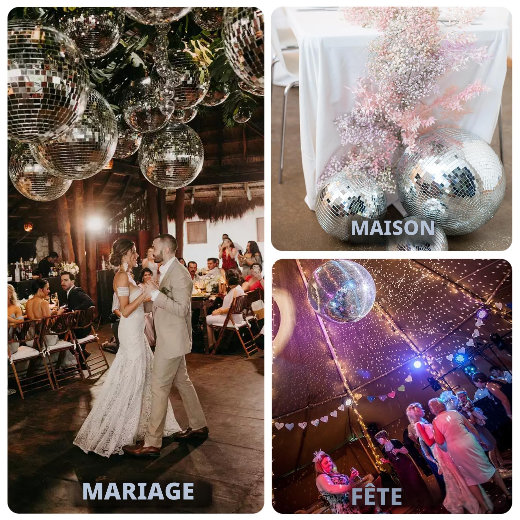 Boule à Facettes Disco 20 cm avec chaîne d'extension et crochet de suspension - Décoration Scintillante pour Fêtes et Événements, Argent